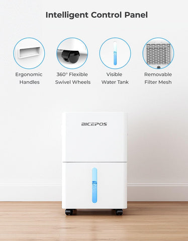 Bicepos dehumidifier auto defrost protects performance in cooler conditions.