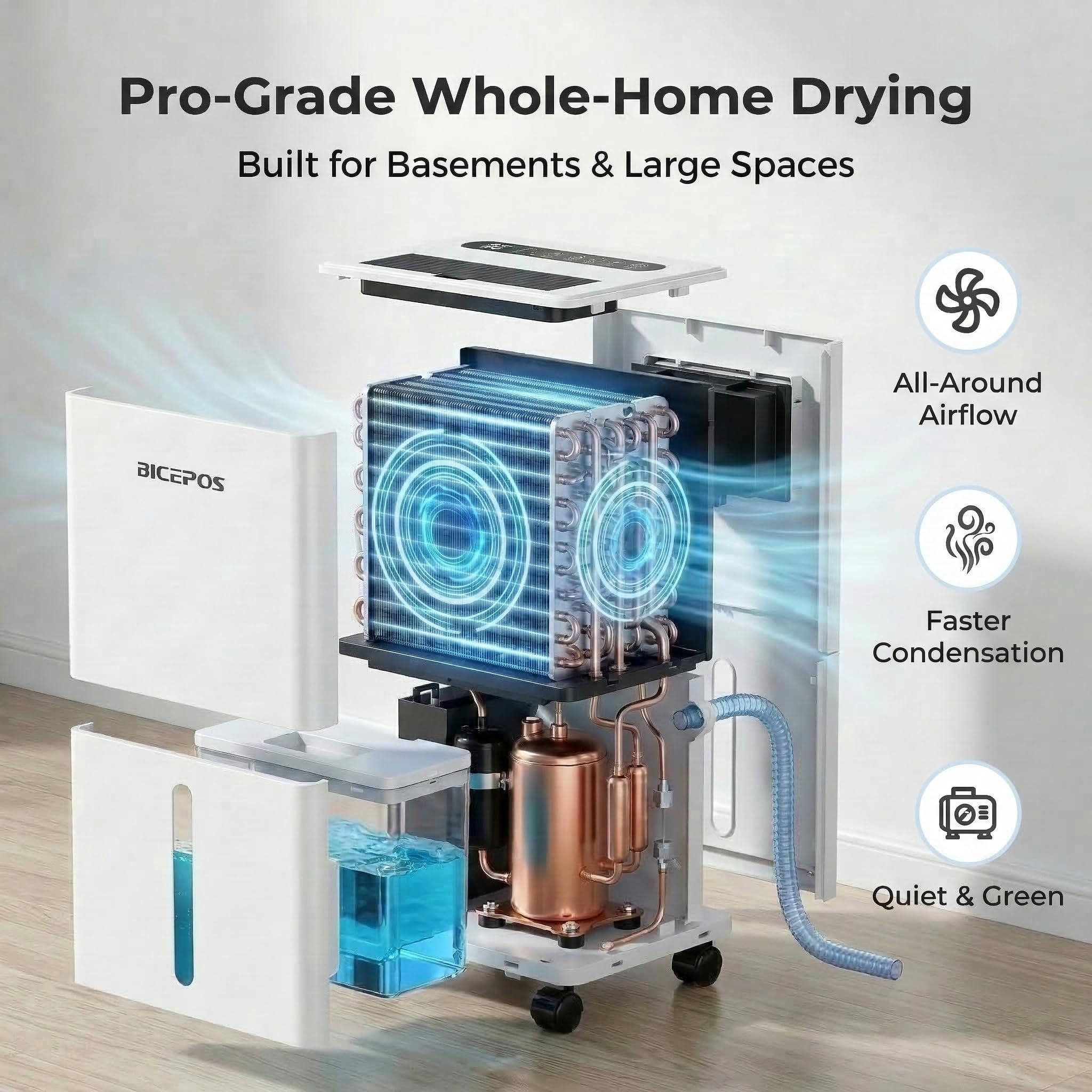 Bicepos dehumidifier ideal for basements and large rooms.