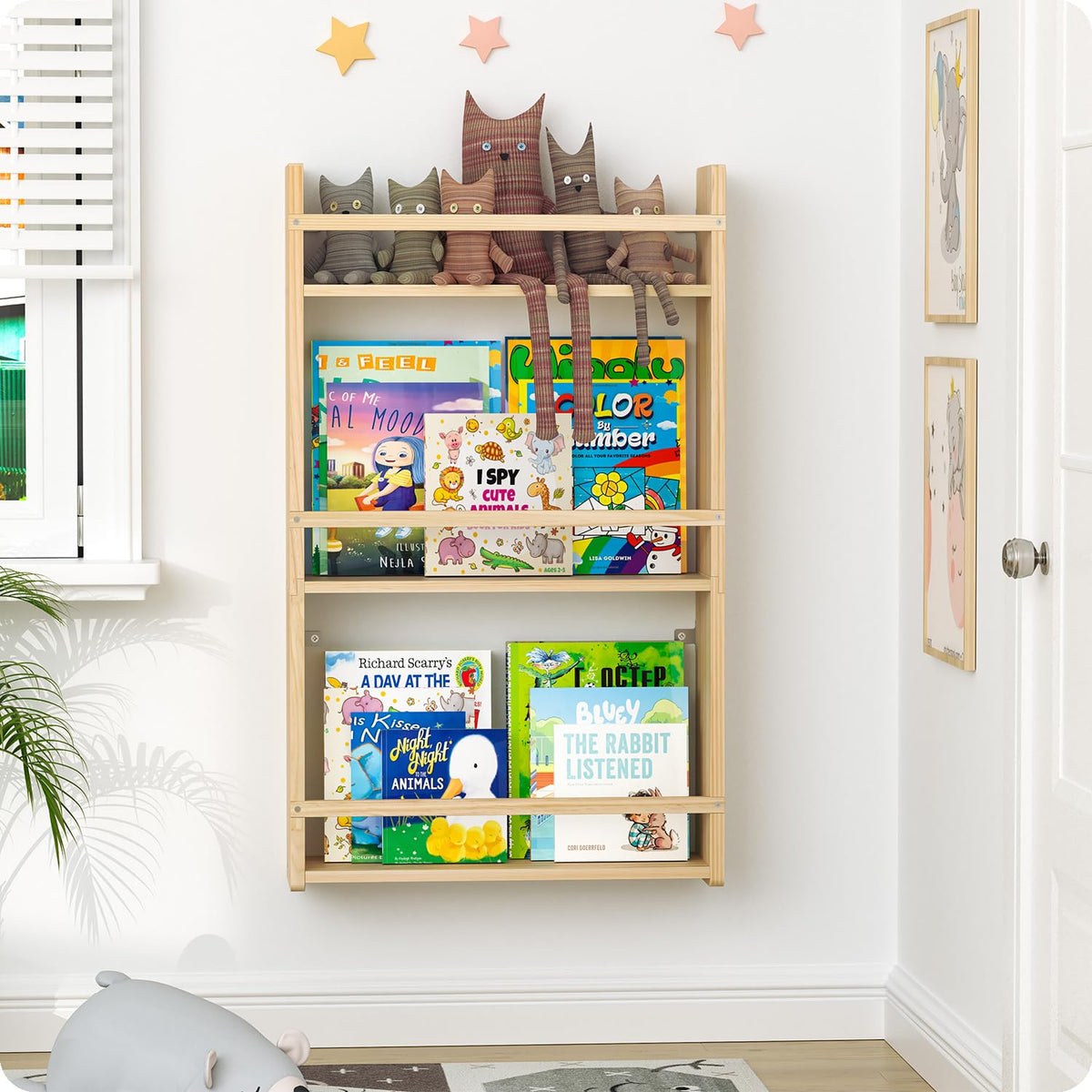 Bidami 3-tier wall bookshelf for kids keeps books organized and accessible.