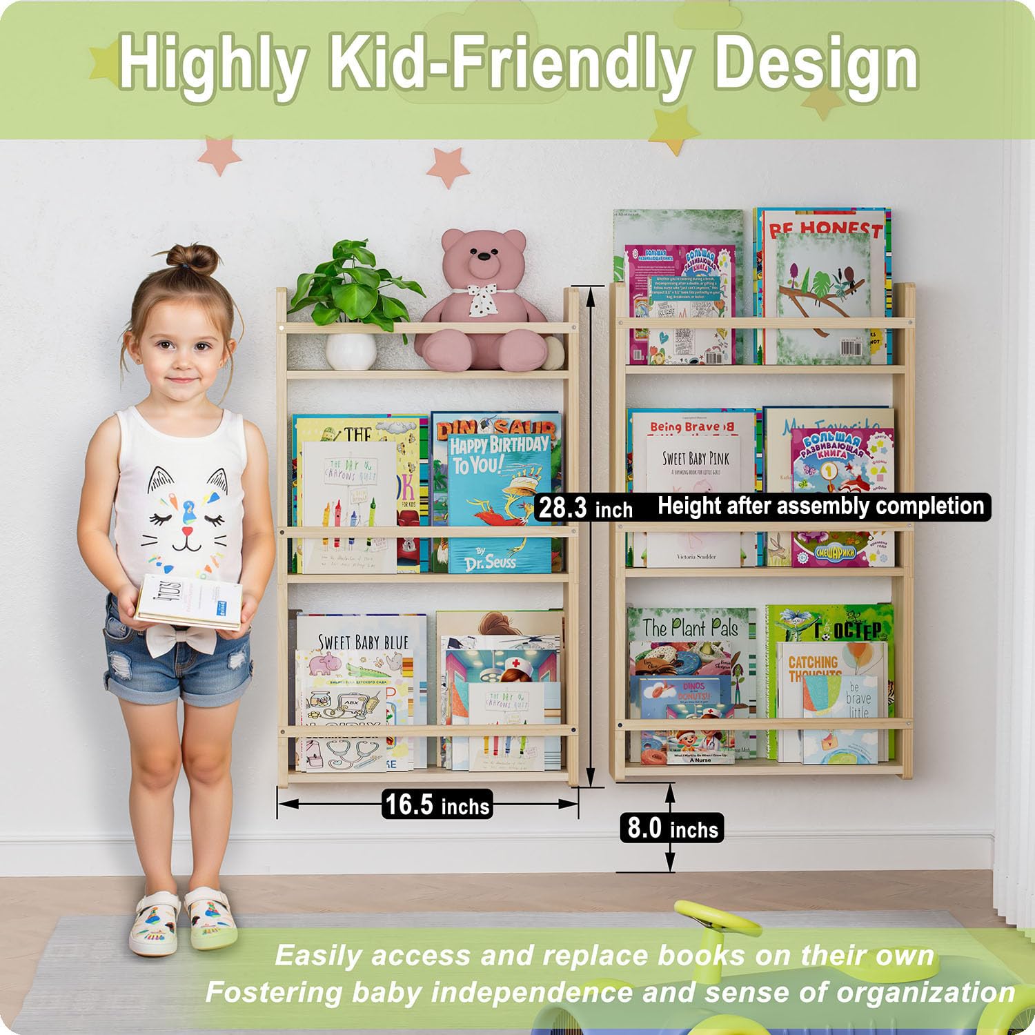 Bidami floating shelves in nursery provide stylish space-saving storage.