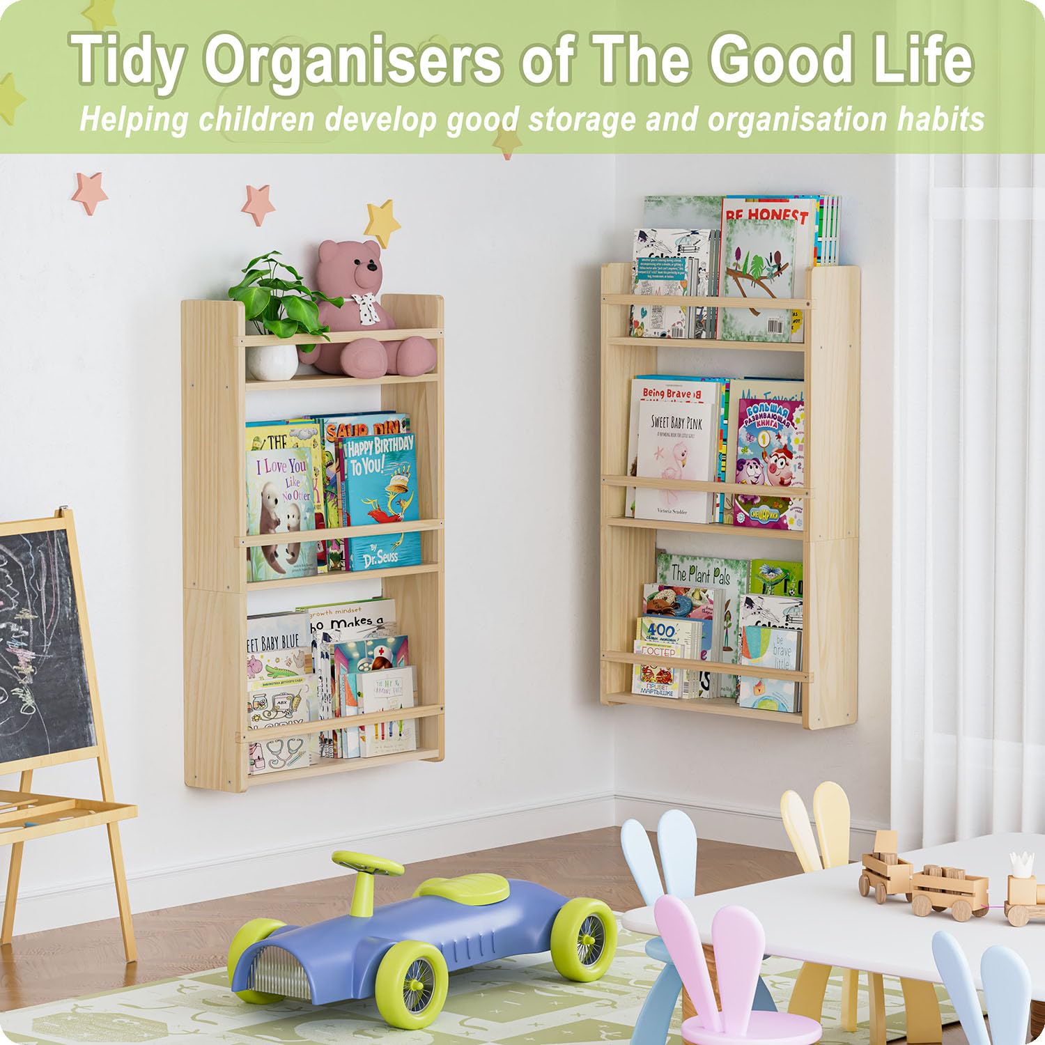 Bidami nursery playroom decor shelf displays favorite books and toys.