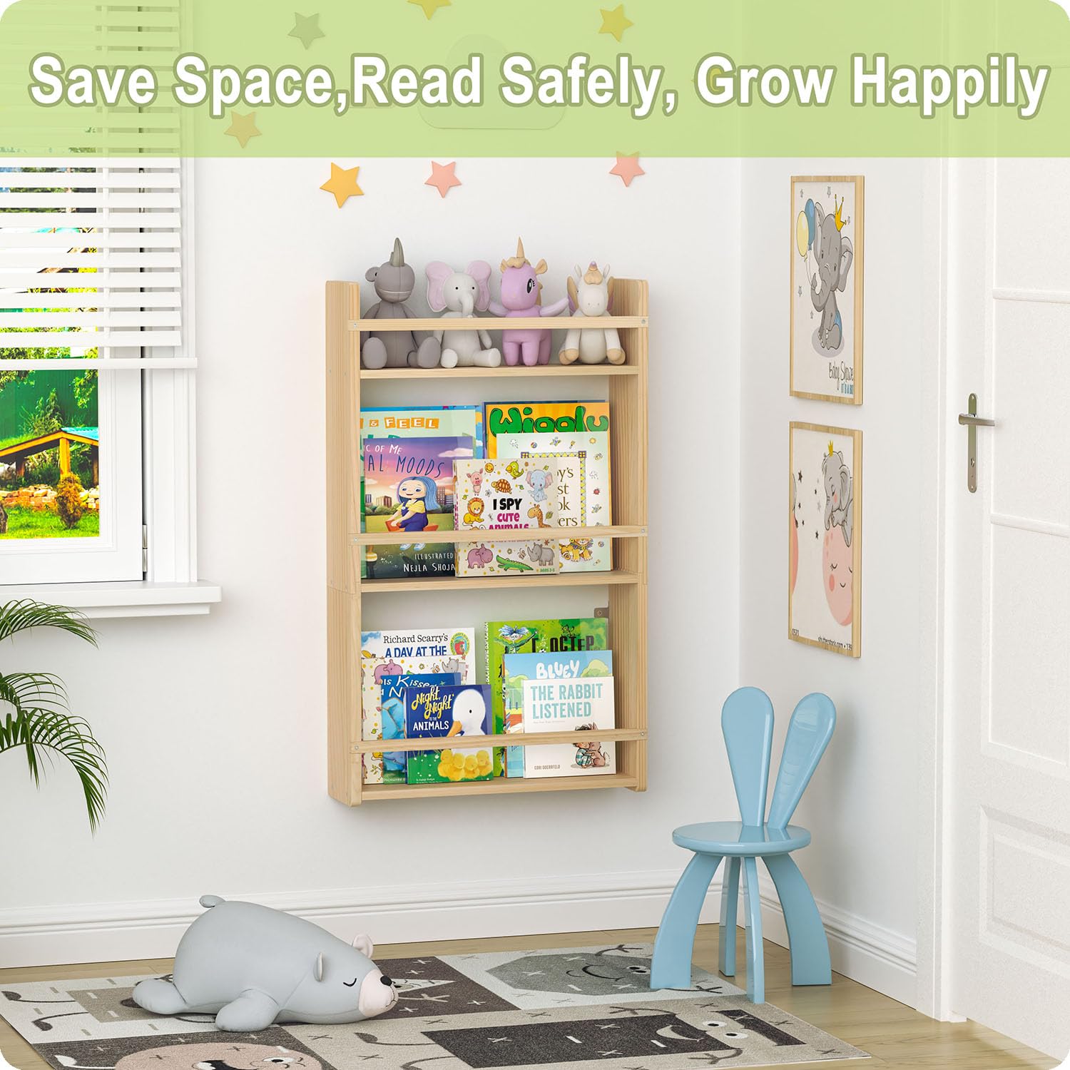 Bidami nursery shelf dimensions 28.3 by 16.5 by 5 inches.