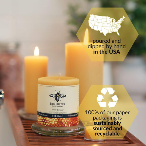 Big Dipper Wax Works beeswax pillar candle for meditation, offering a calm, lasting glow.