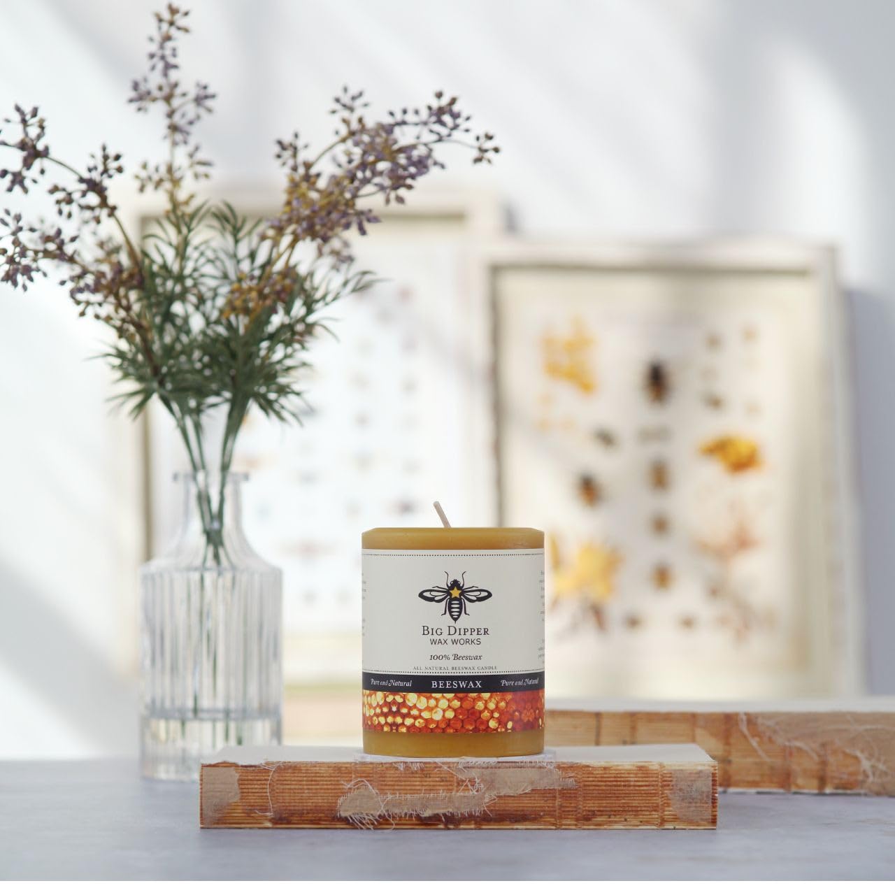Big Dipper Wax Works beeswax pillar candle with natural honey aroma, gentle and inviting.