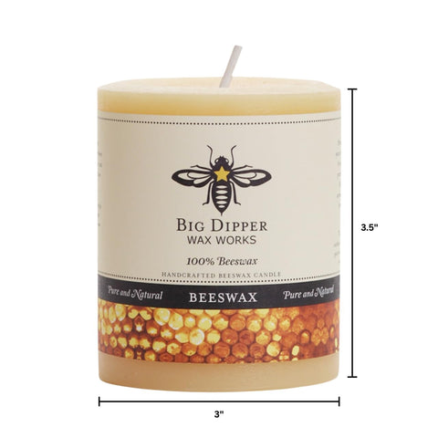 Big Dipper Wax Works beeswax pillar candle, top view, promotes cozy ambiance with crackle-free flame.