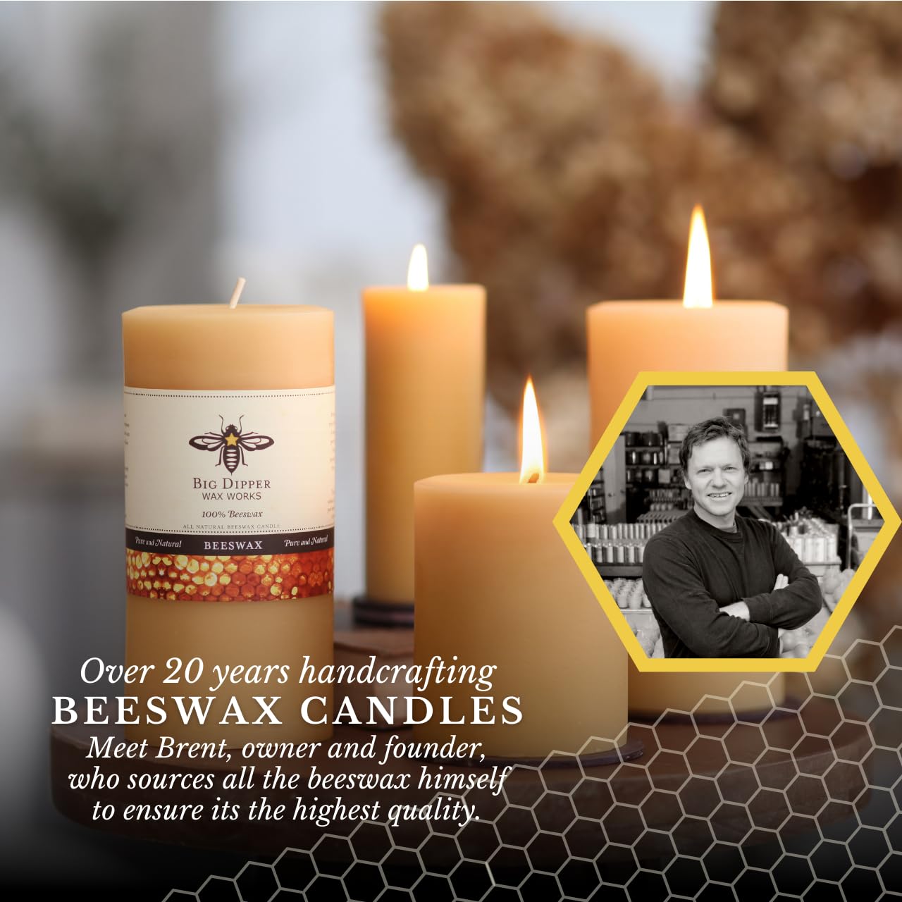 Big Dipper Wax Works long-burning beeswax candle provides steady glow for daily meditation.