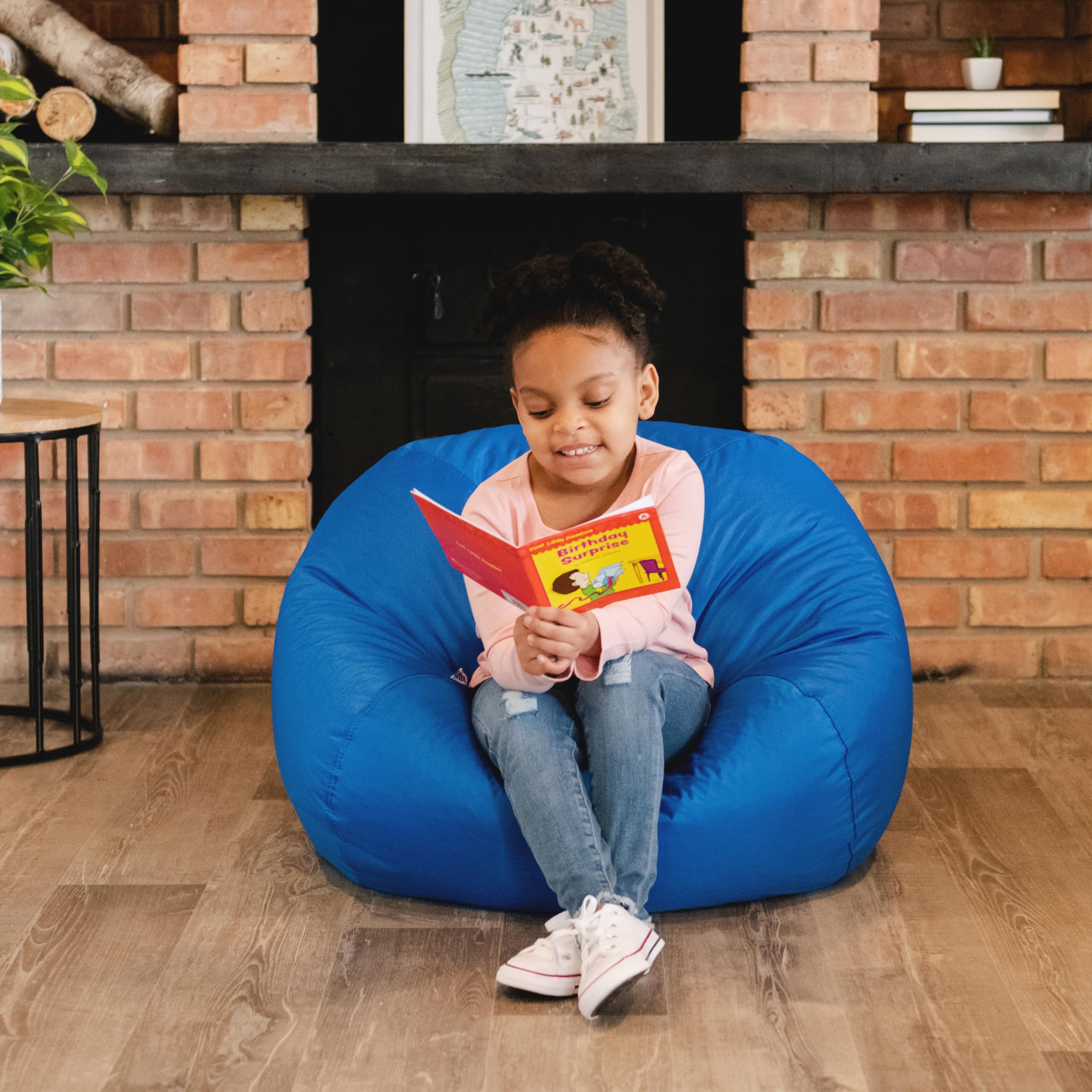 Big Joe Classic bean bag chair in sapphire featuring a built-in handle for easy moving.