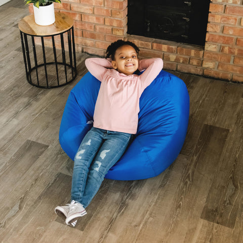 Big Joe Classic bean bag chair in sapphire with dual zippers for added safety.