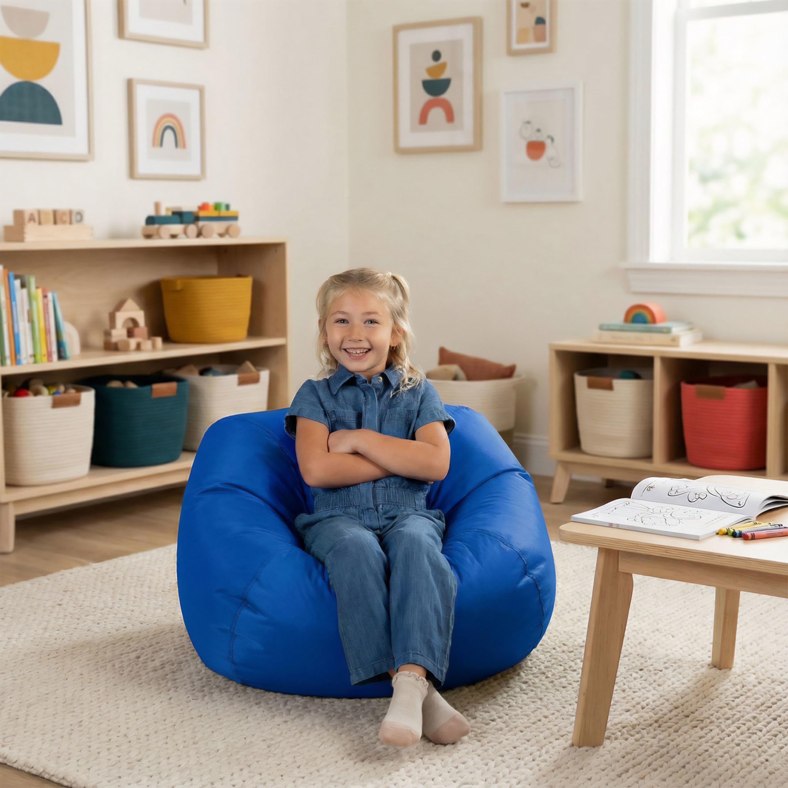 Big Joe Classic bean bag chair in sapphire uses stain-resistant SmartMax fabric.