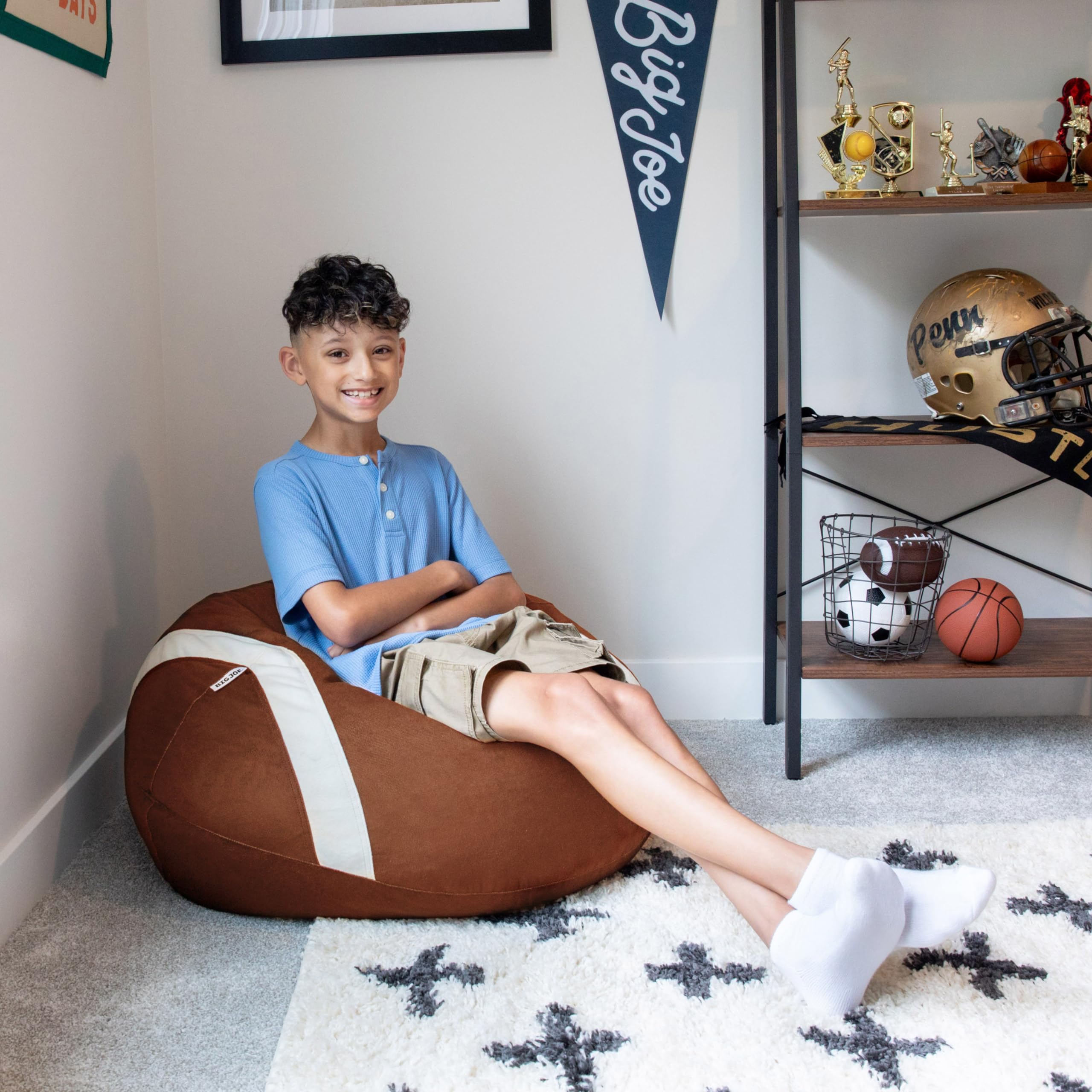 Big Joe plush-fabric bean bag, soft touch lounging.