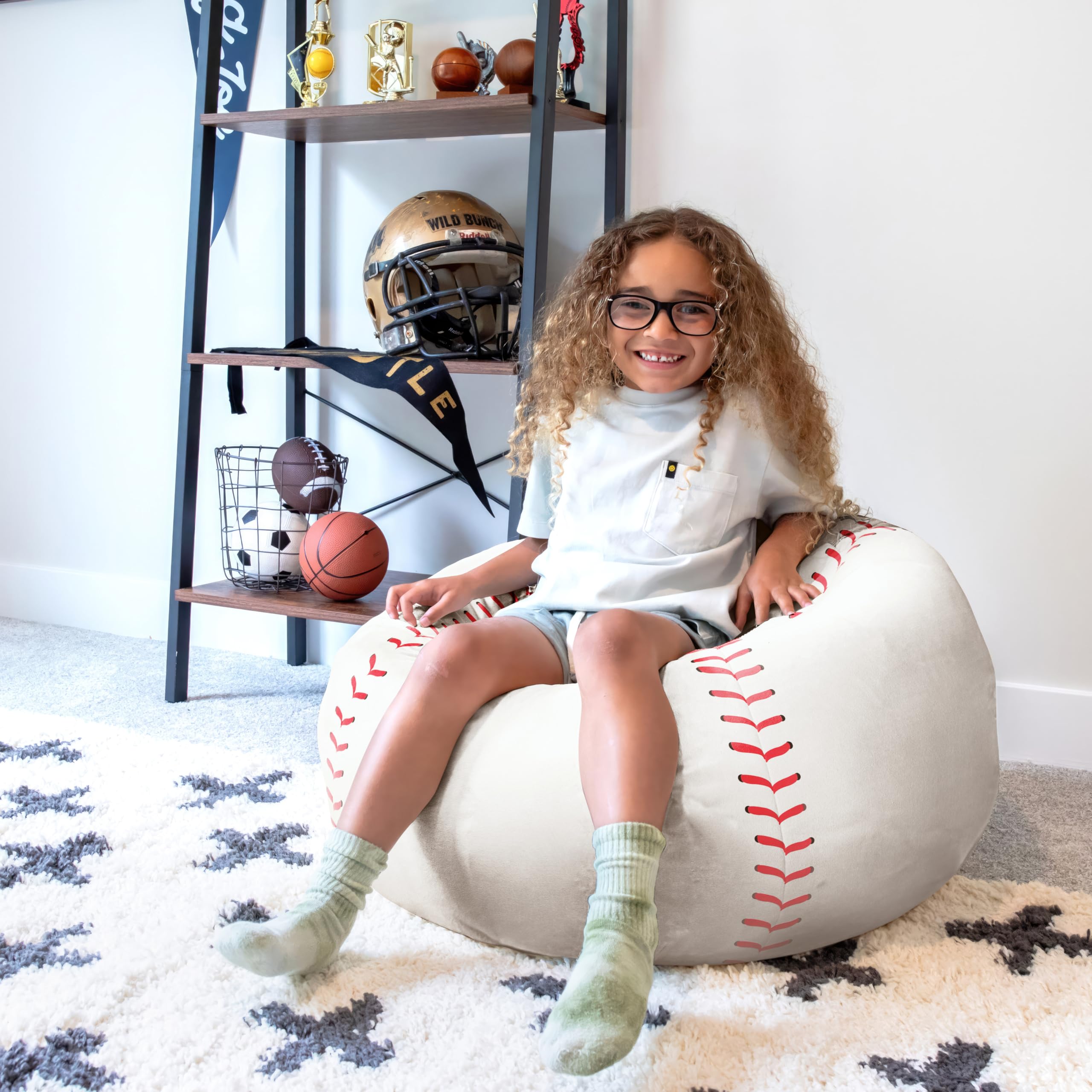 Big Joe sports ball bean bag chair in baseball design adds sporty flair to rooms.