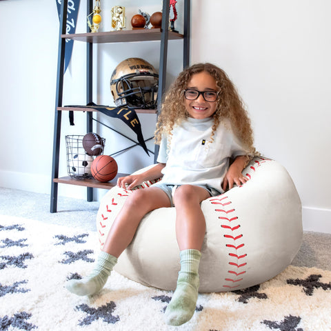 Big Joe sports ball bean bag chair in baseball design adds sporty flair to rooms.