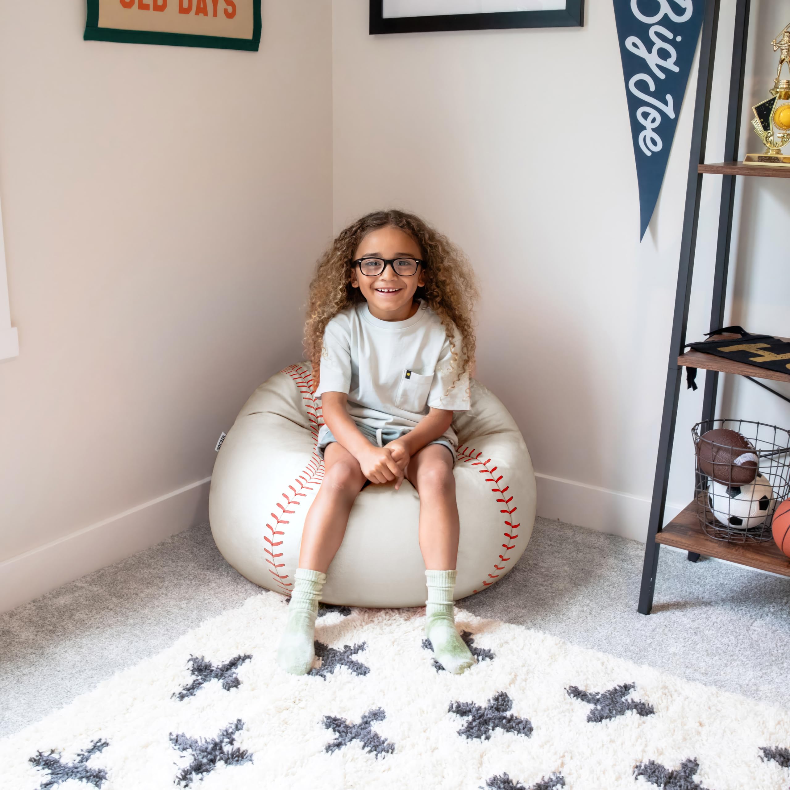 Big Joe sports ball bean bag chair in basketball form creates a playful lounging area.