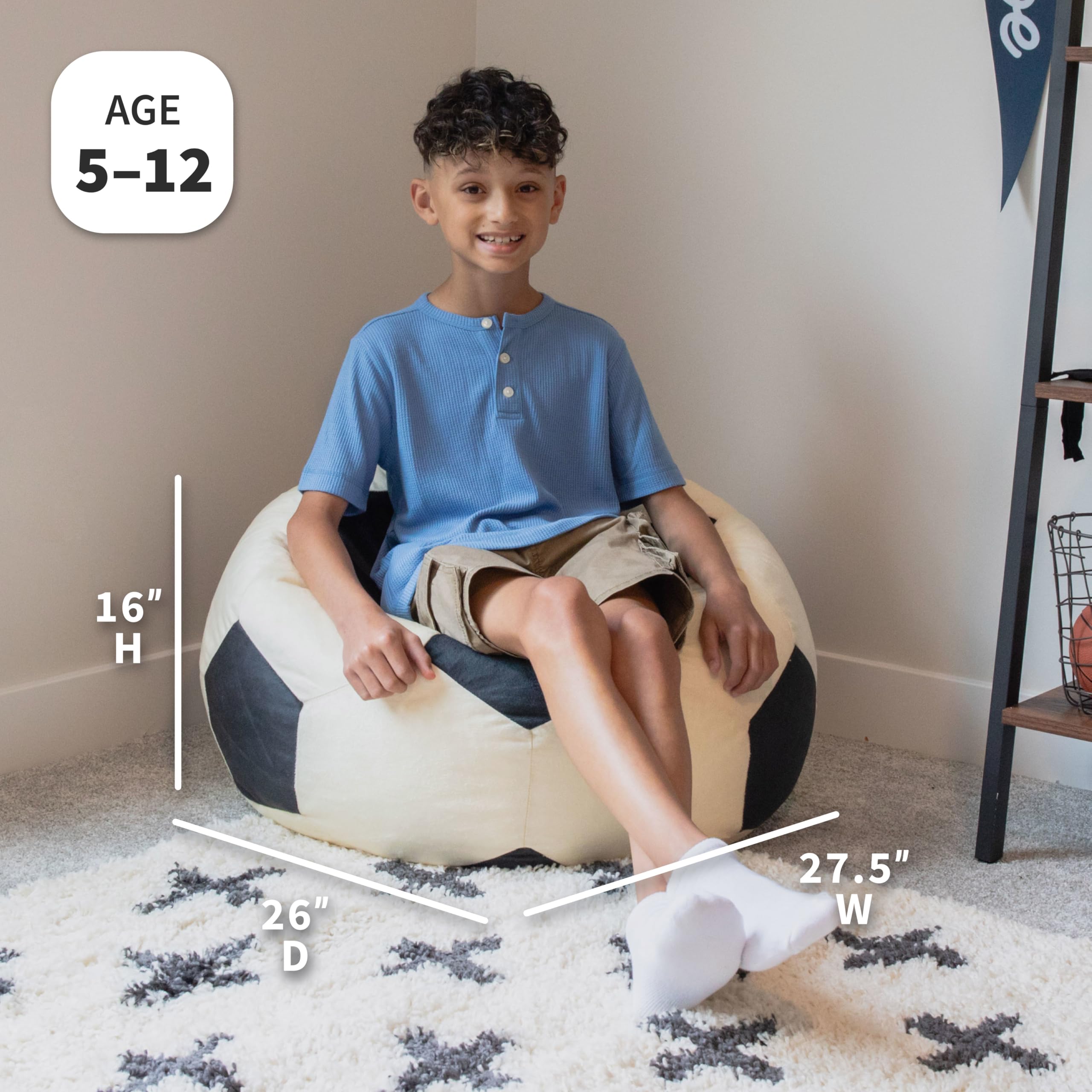 Big Joe Sports Ball bean bag chair side view with easy carry handle for kids.