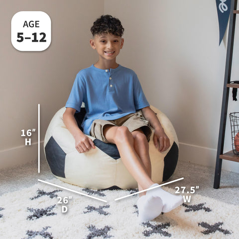 Big Joe Sports Ball bean bag chair side view with easy carry handle for kids.