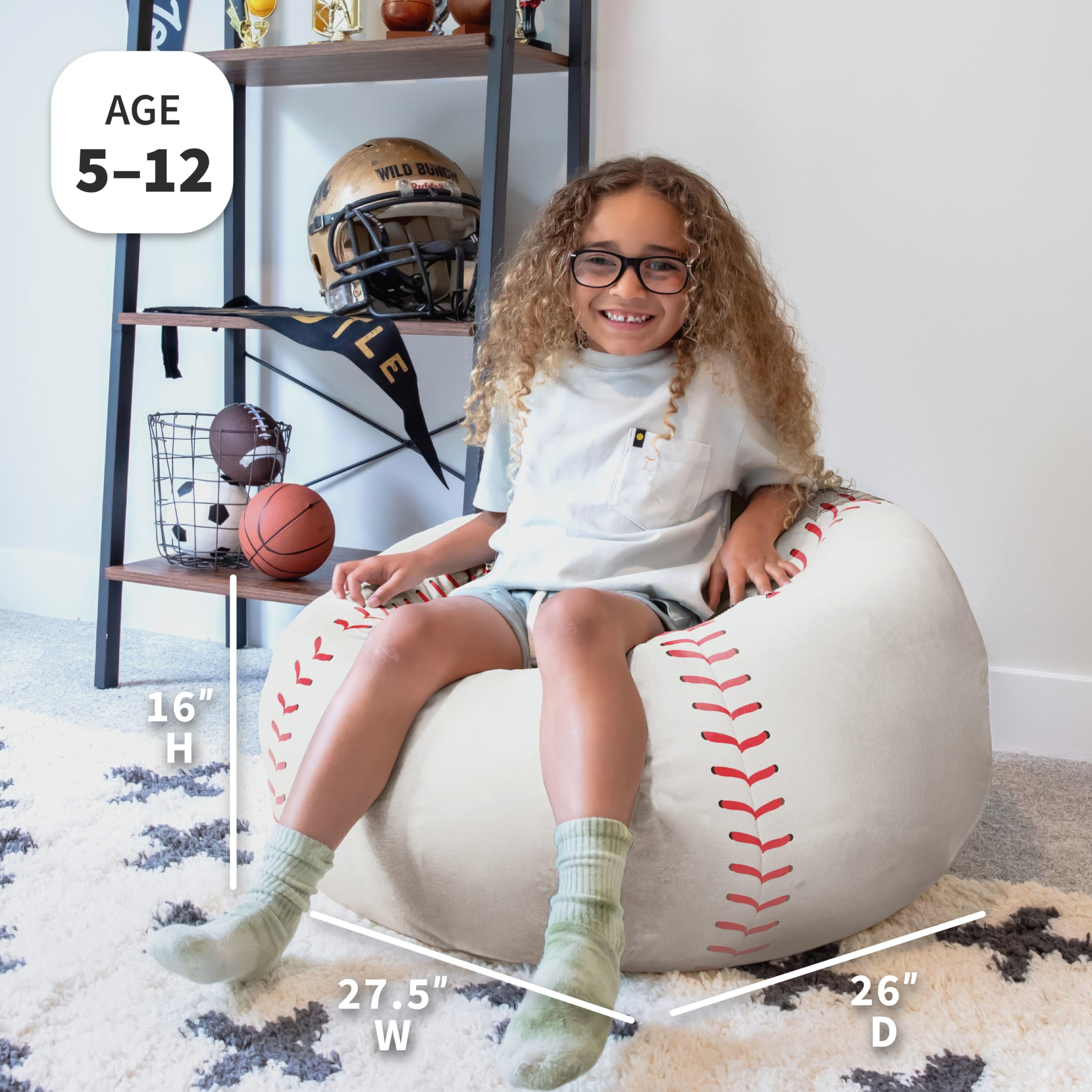 Big Joe sports ball bean bag chair in football shape provides cozy seating during playtime.
