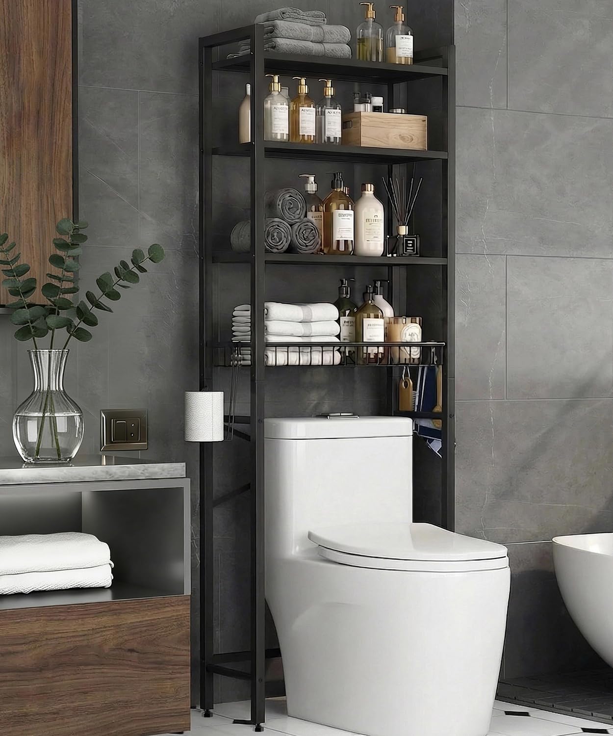 BIGITTA over-the-toilet rack with four tiers keeps toiletries neatly organized in tight spaces.
