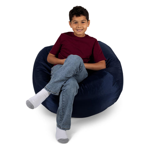 Big Joe Classic bean bag chair in navy offers cozy kid seating with easy-clean surface.