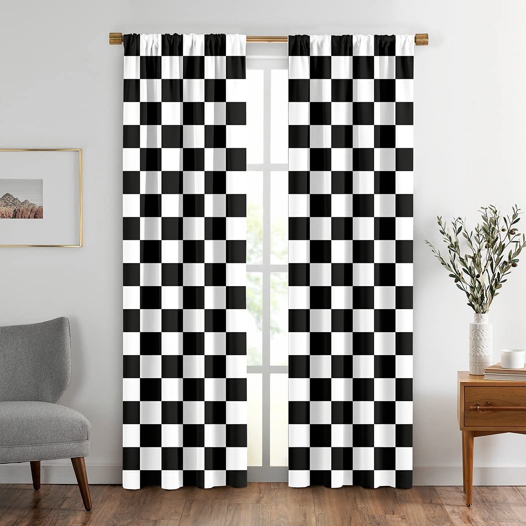 BigLixhgg black-white drapes with checkered flag pattern enhance living room privacy and style