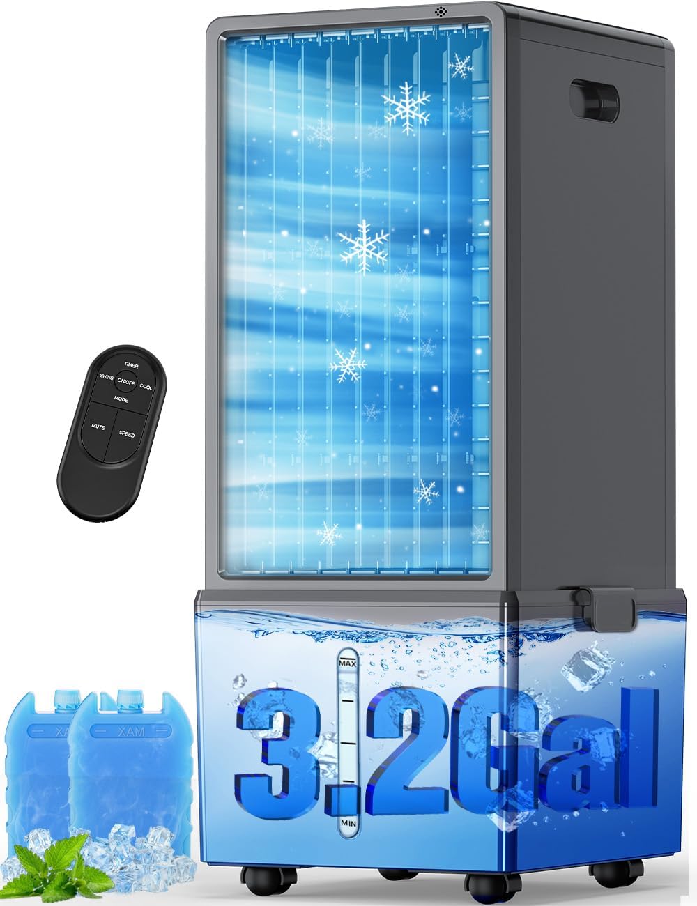 BIGOOSE 4-in-1 air cooler front view showing portable design for flexible cooling