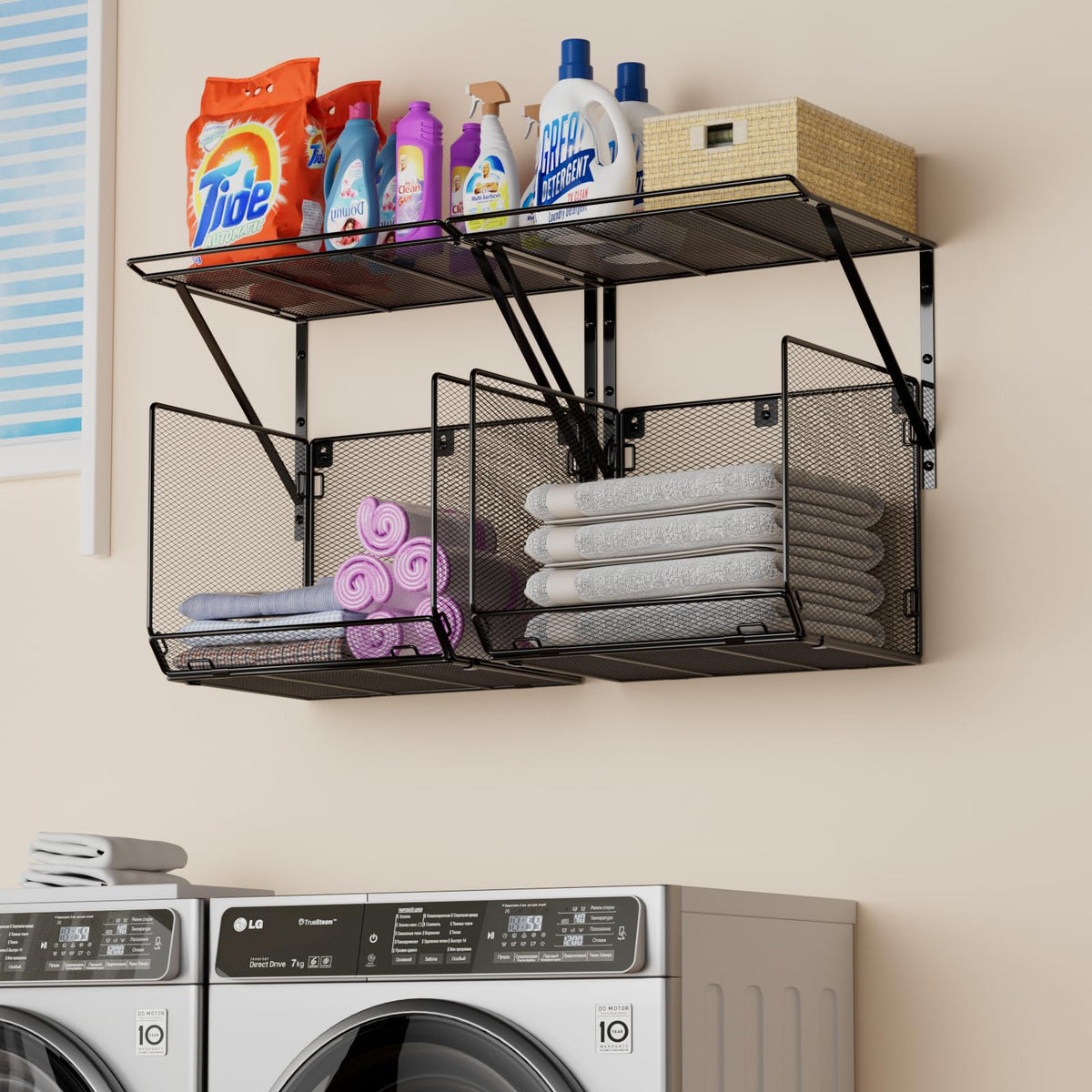 BigPonPon 2 Pack Laundry Shelves mounted over washer and dryer for organized storage