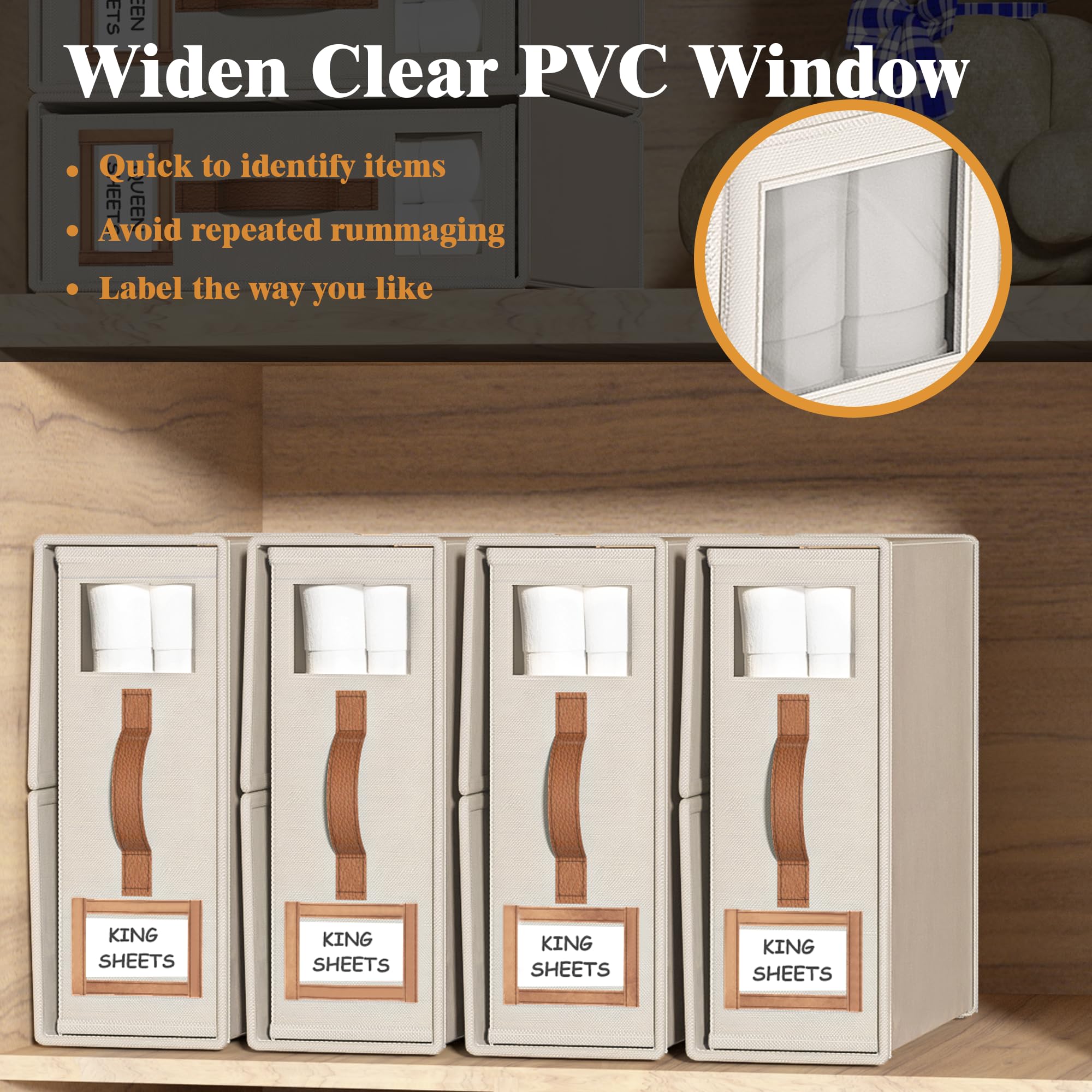 Clear window with replaceable labels to identify contents quickly.
