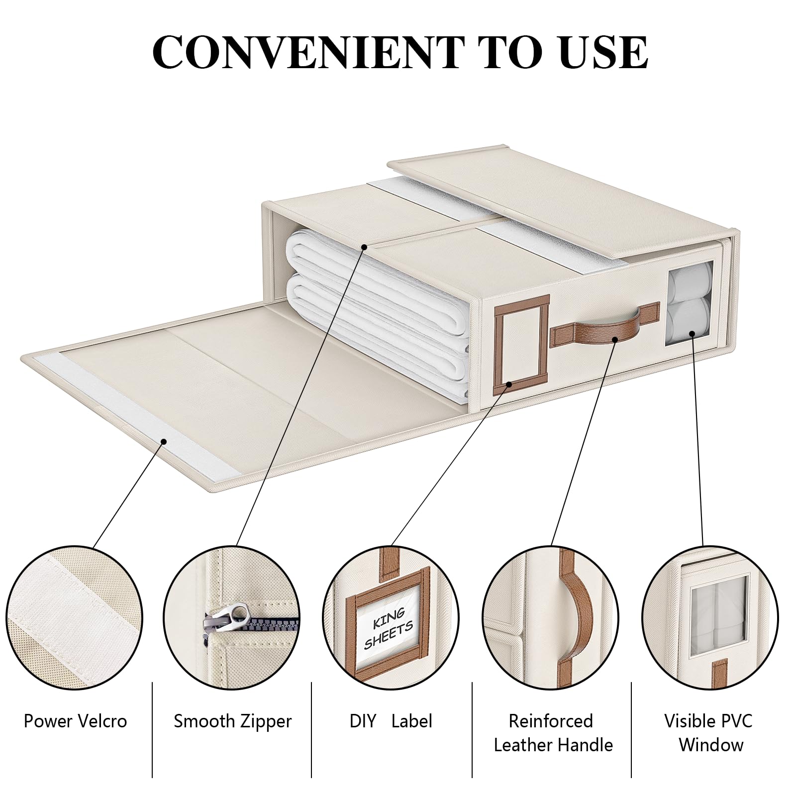 Beige king-size bedding organizer keeps sets neatly stored and accessible.