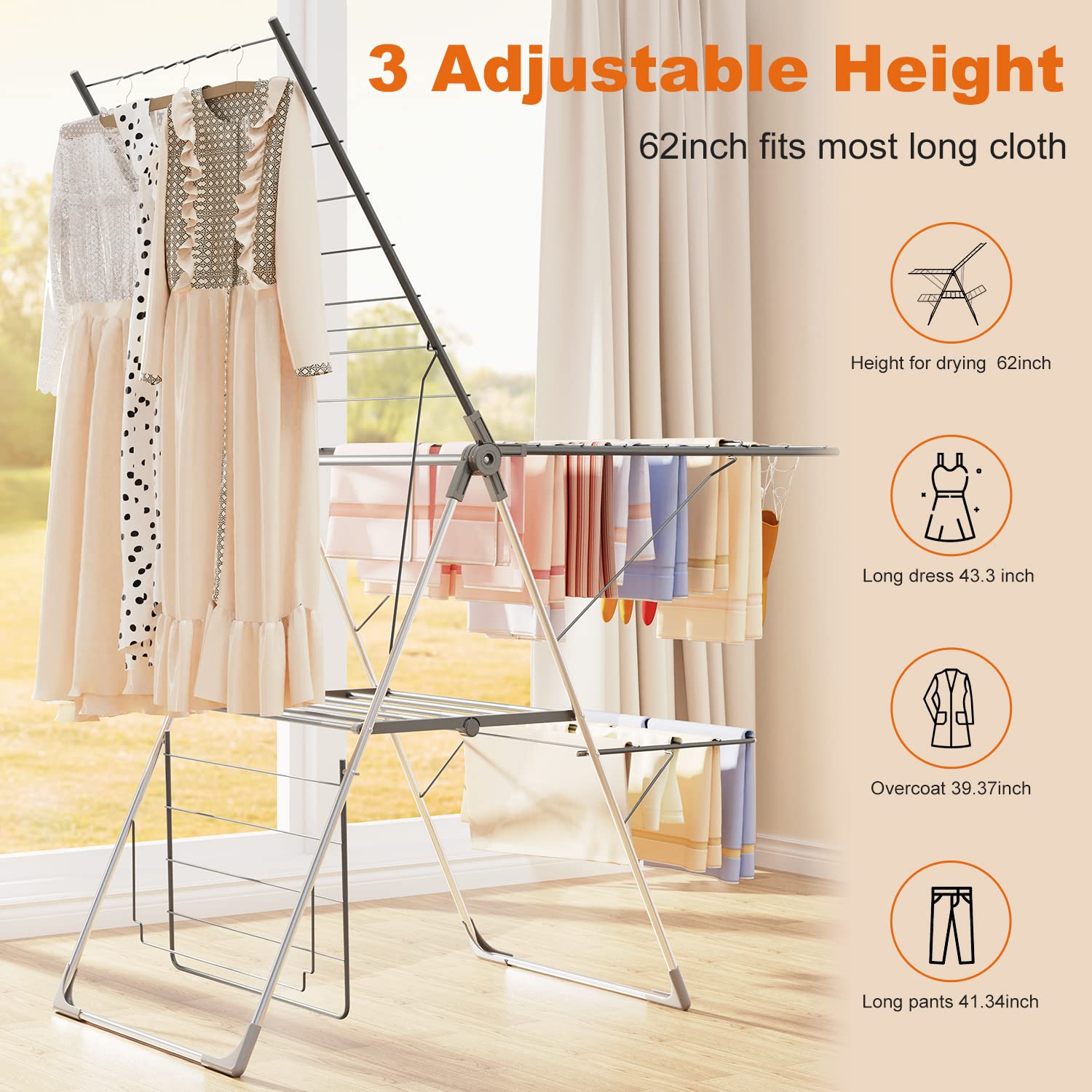 Bigzzia height-adjustable rack reaches up to 62 inches for long garments.