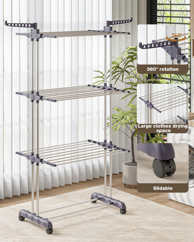 Bigzzia stainless steel rack with caster wheels for easy repositioning.