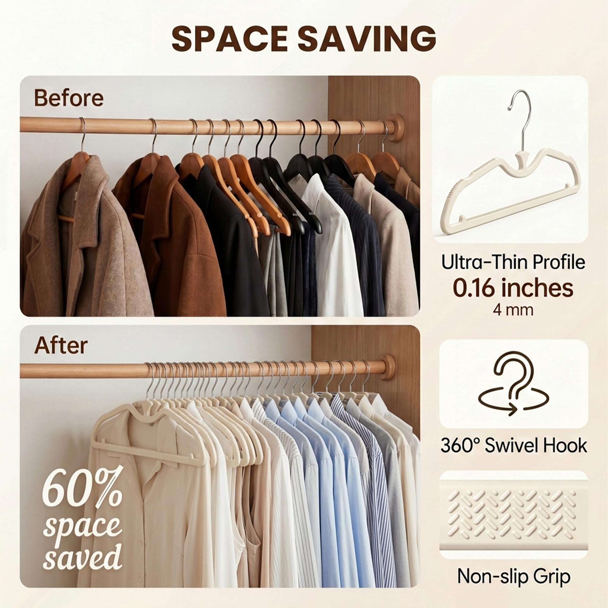 Bihoonge 360 degree rotating hook enables easy access to garments