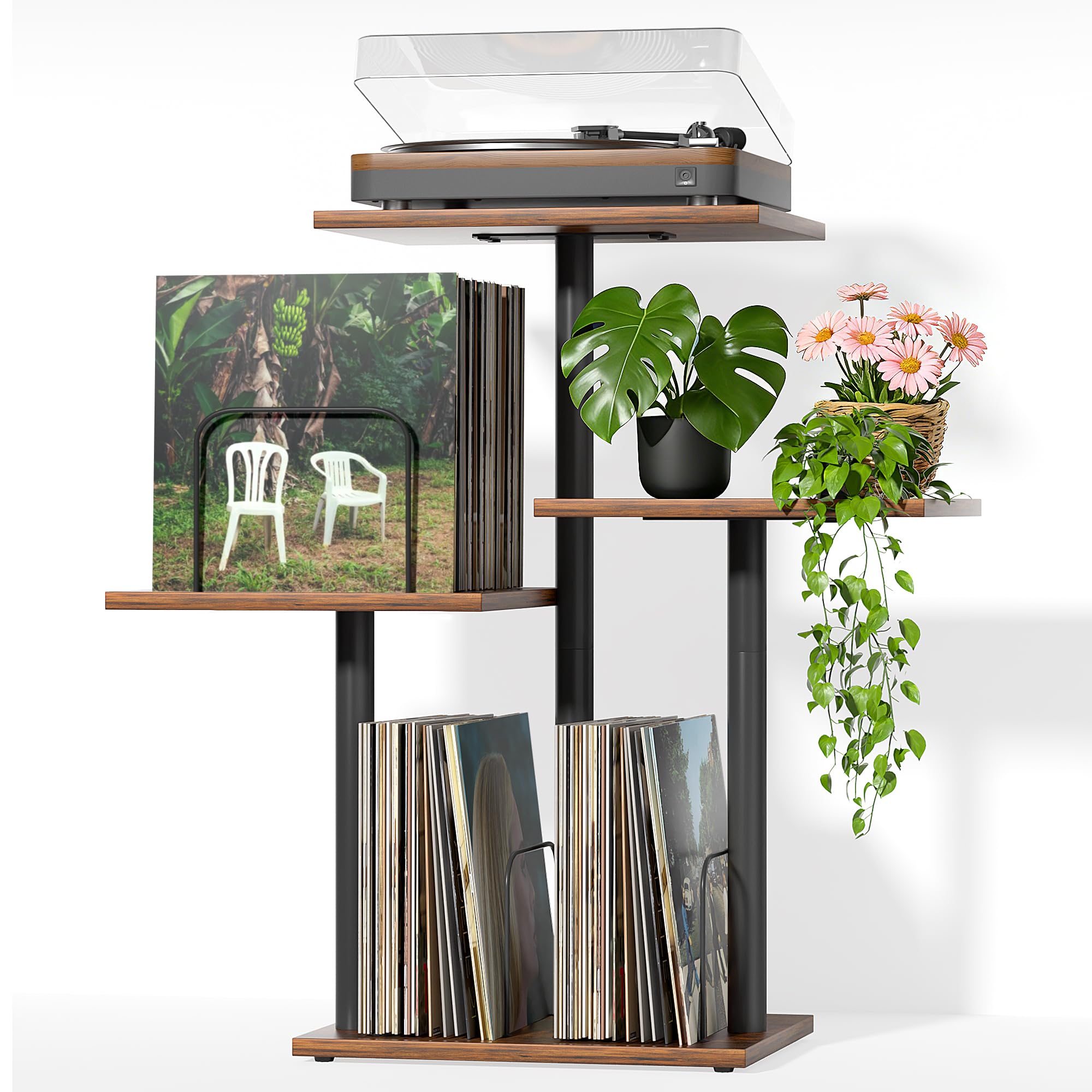 Bikoney Botanical Record Player Stand front view with plant display for organized vinyl access