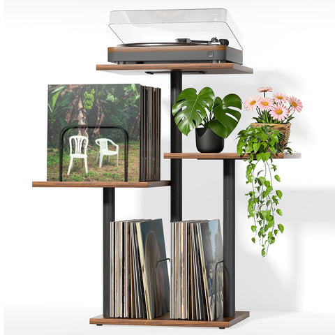 Bikoney Botanical Record Player Stand front view with plant display for organized vinyl access