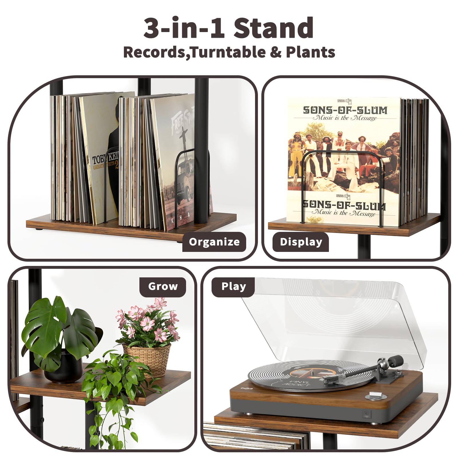 Bikoney Botanical Record Player Stand side view showing dual vinyl storage