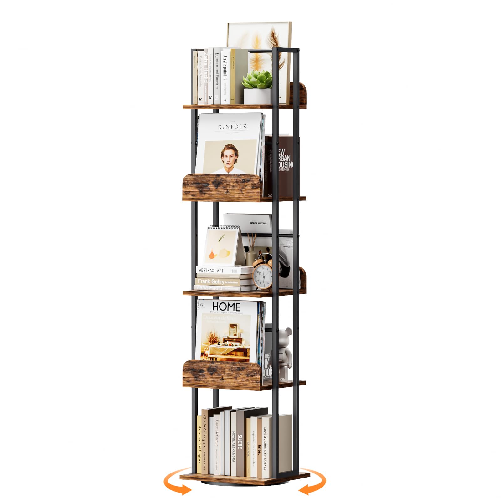 Bikoney rotating bookshelf 360-display showcases books and decor in a space-saving corner.