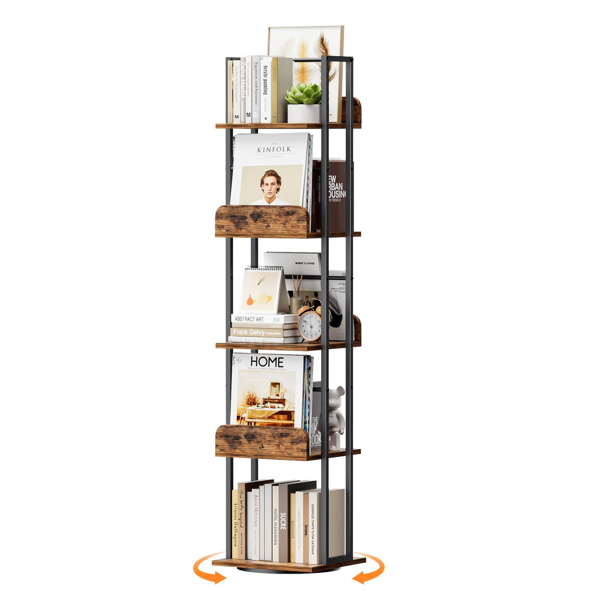 Bikoney rotating bookshelf 360-display showcases books and decor in a space-saving corner.