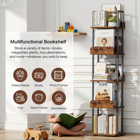 Bikoney rotating bookshelf 5-tier emphasizes large capacity in a narrow footprint.