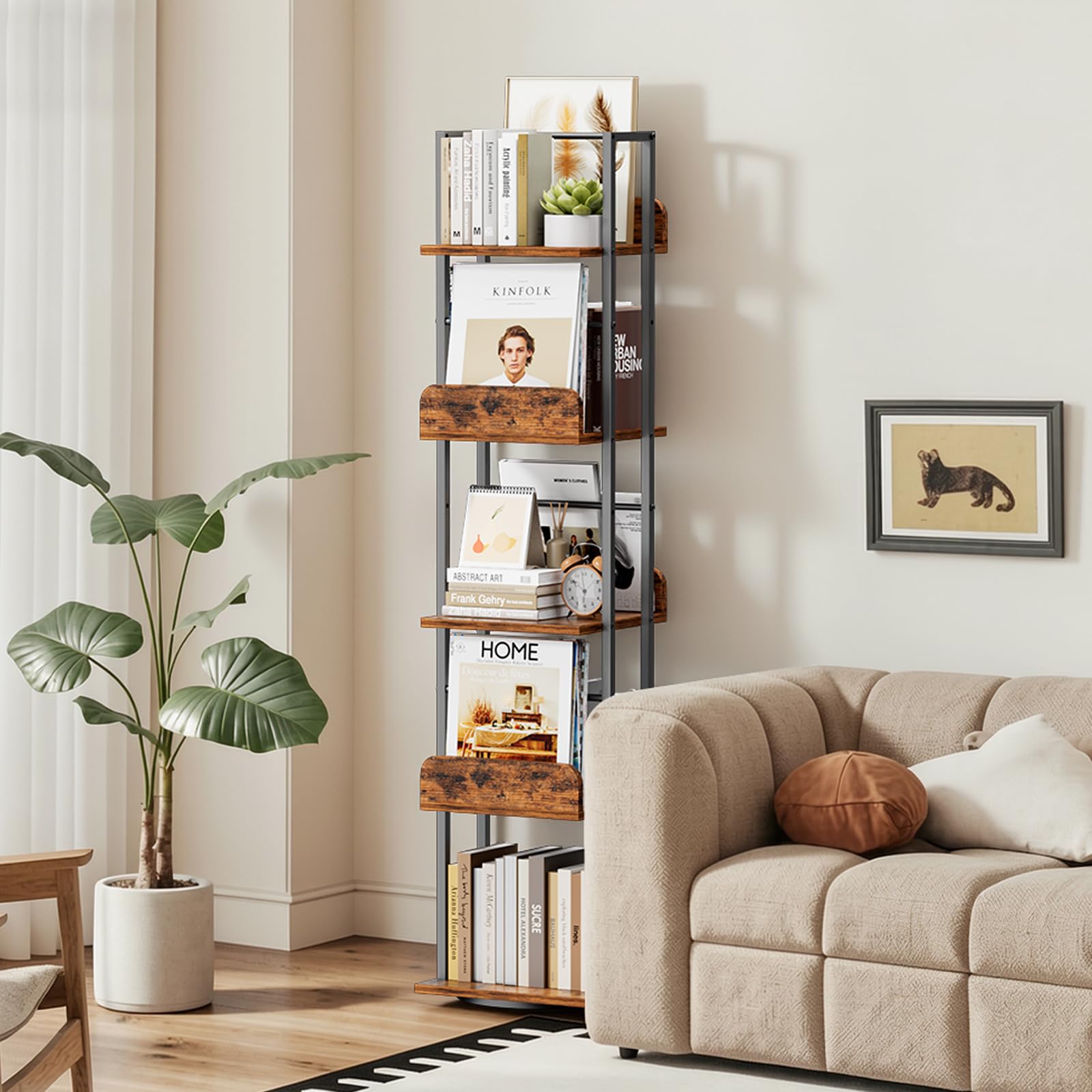 Bikoney rotating bookshelf black finish complements modern interiors.