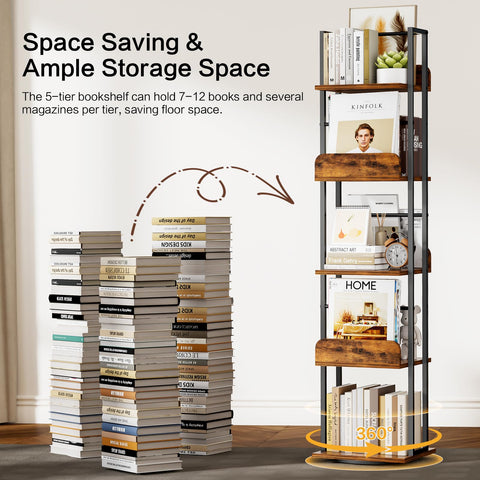 Bikoney rotating bookshelf frame and boards indicate durable metal and wood construction.
