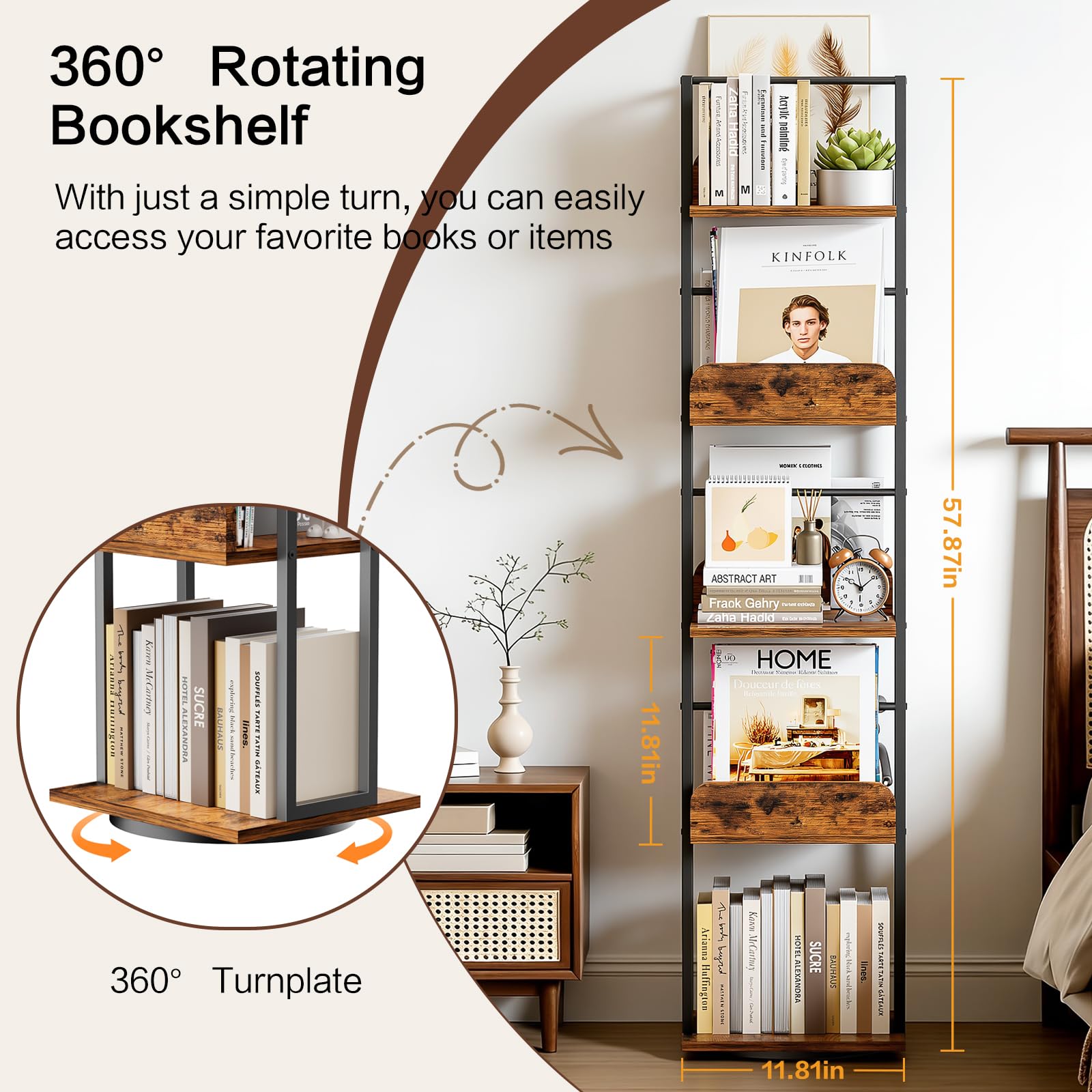 Bikoney rotating bookshelf front view highlights easy access to your favorite titles.