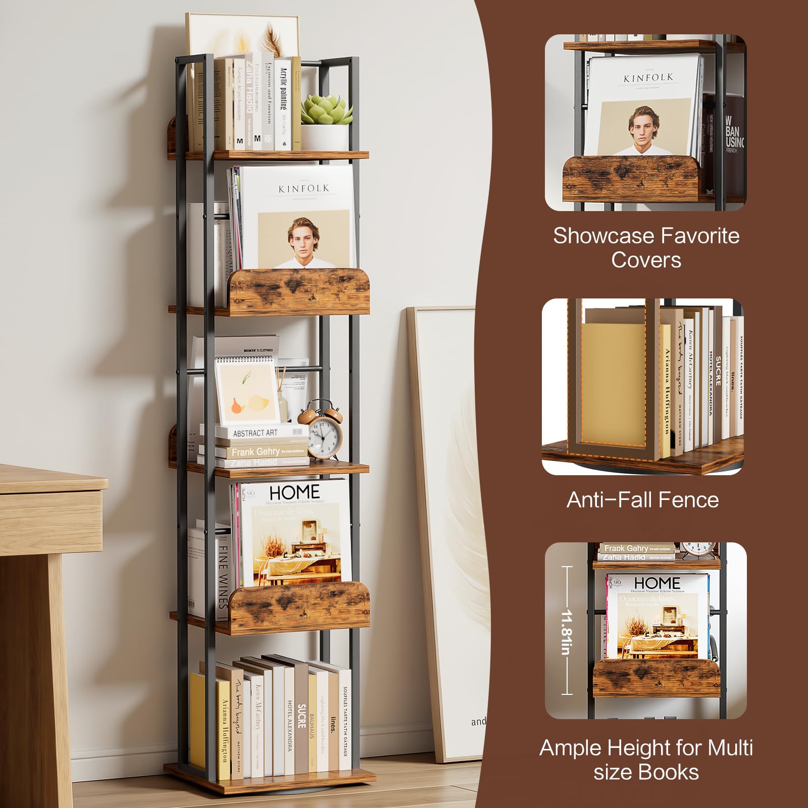 Bikoney rotating bookshelf side view demonstrates slim profile for tight corners.