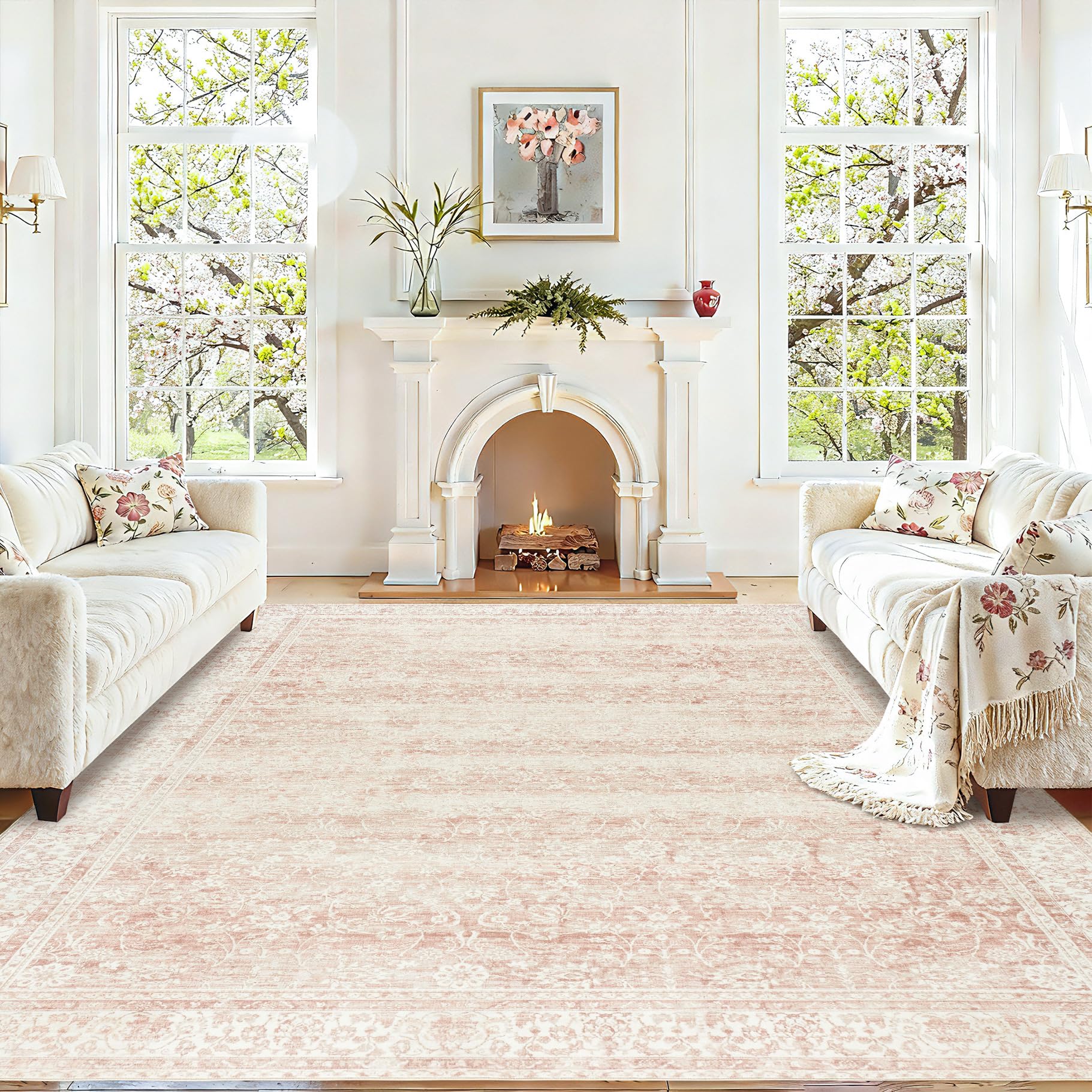 BILEEHOME pink area rug low-pile design for high-traffic areas.
