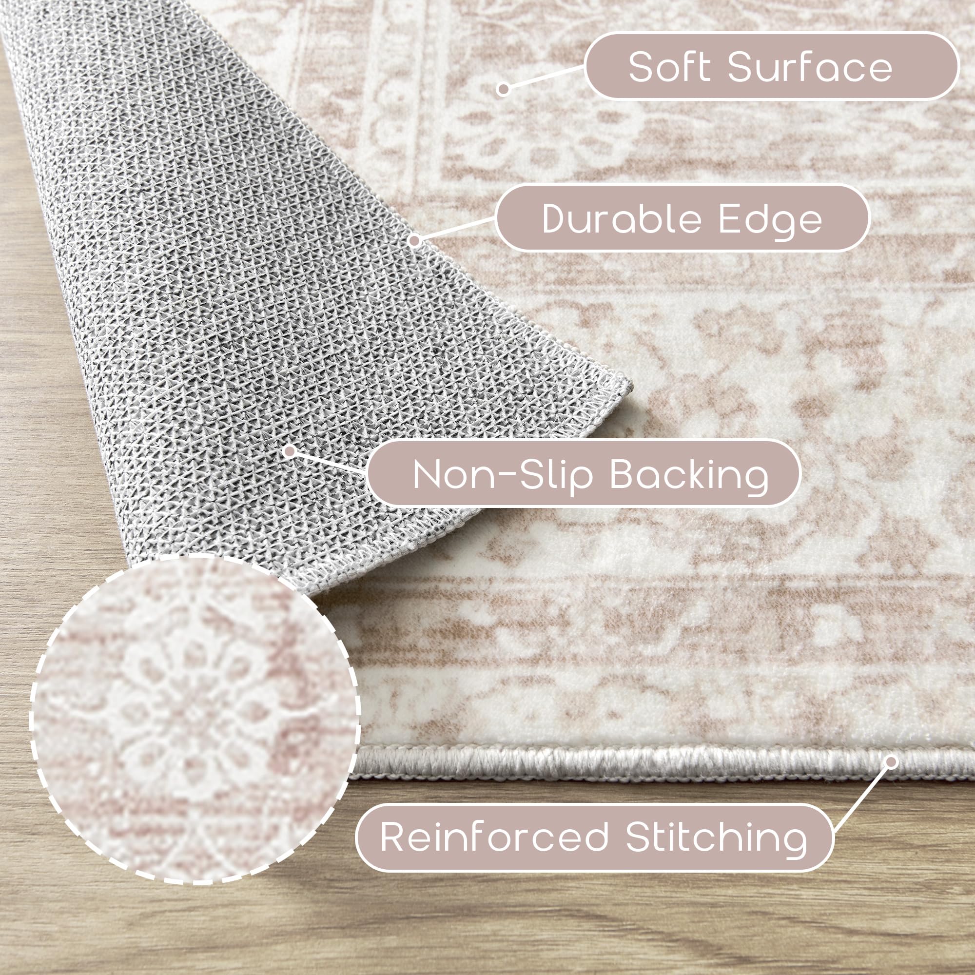 BILEEHOME pink area rug non-slip backing on hardwood floors.
