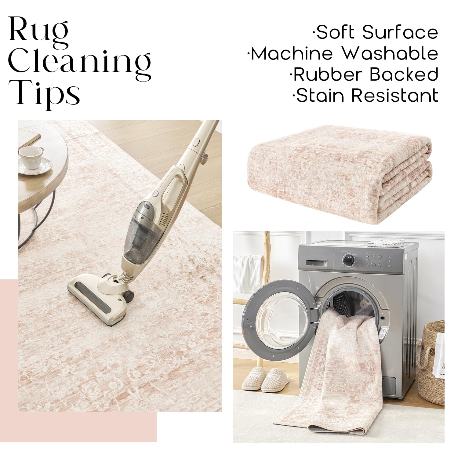 BILEEHOME pink area rug washable for easy cleaning and upkeep.