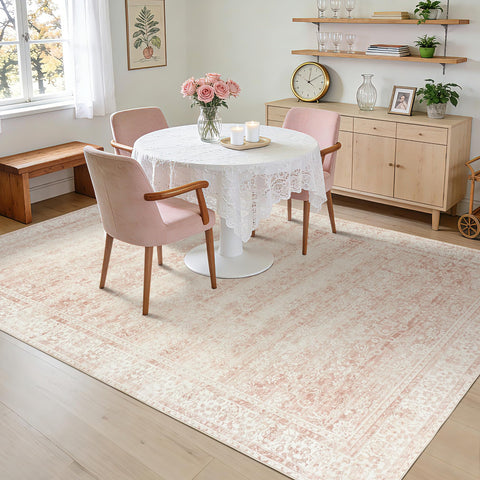 BILEEHOME pink area rug with rug pad enhances comfort and protection.