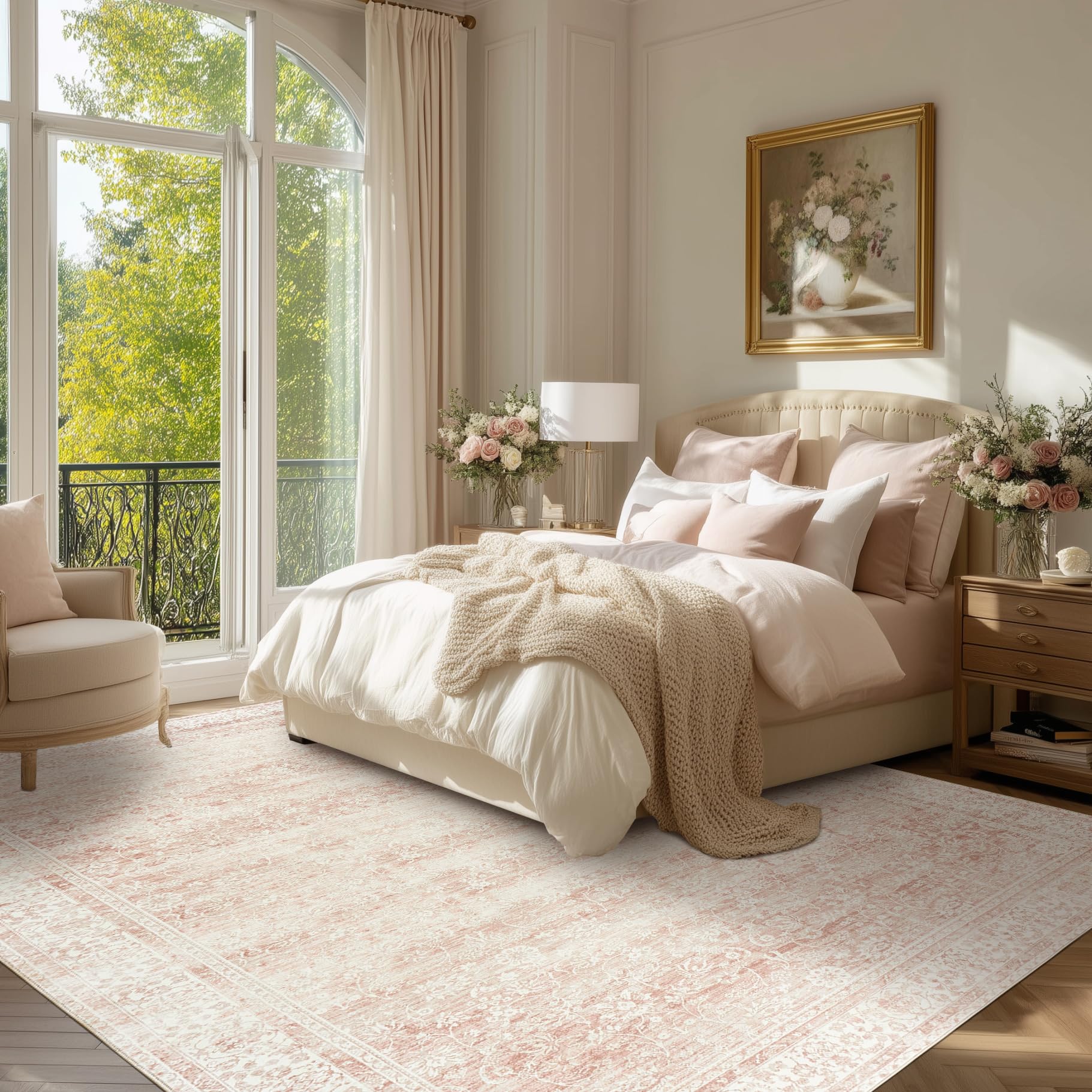 BILEEHOME pink rug in living space adds warmth and charm.