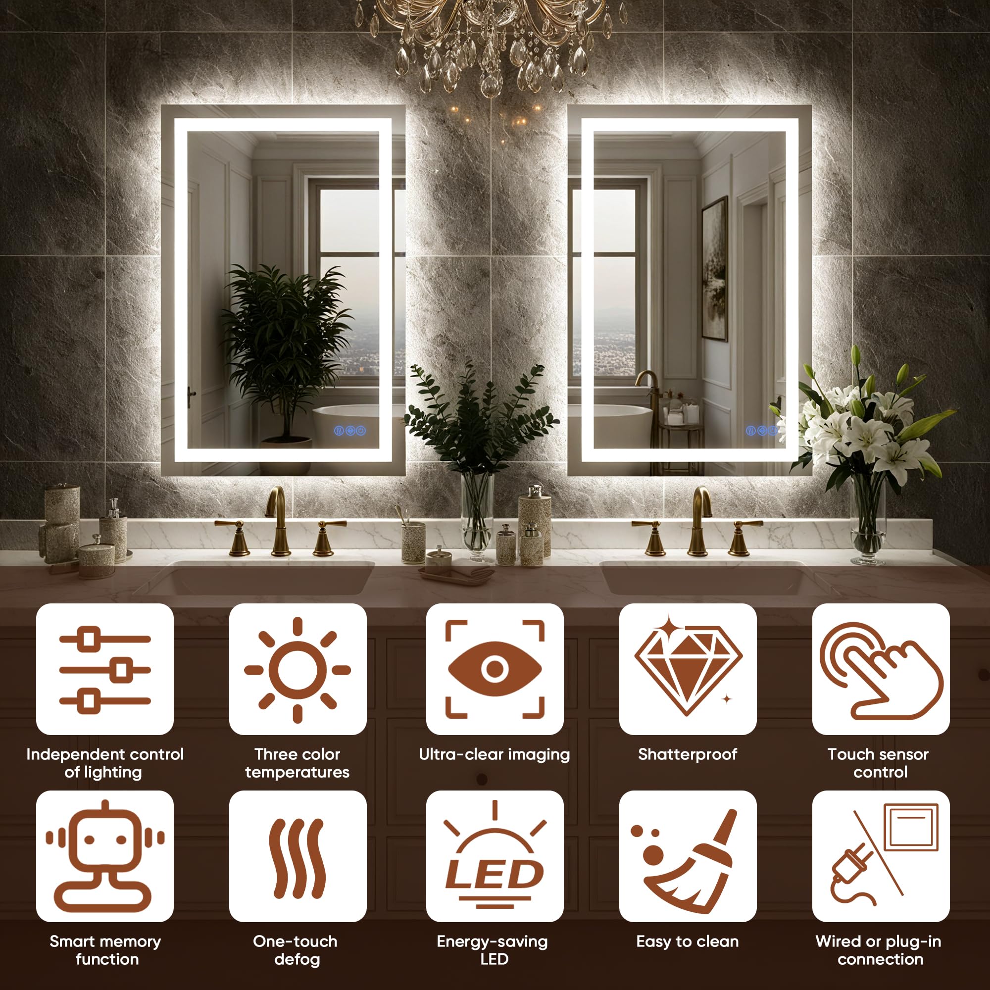 Bimno anti-fog mirror activates with touch for a clear reflection after showers.
