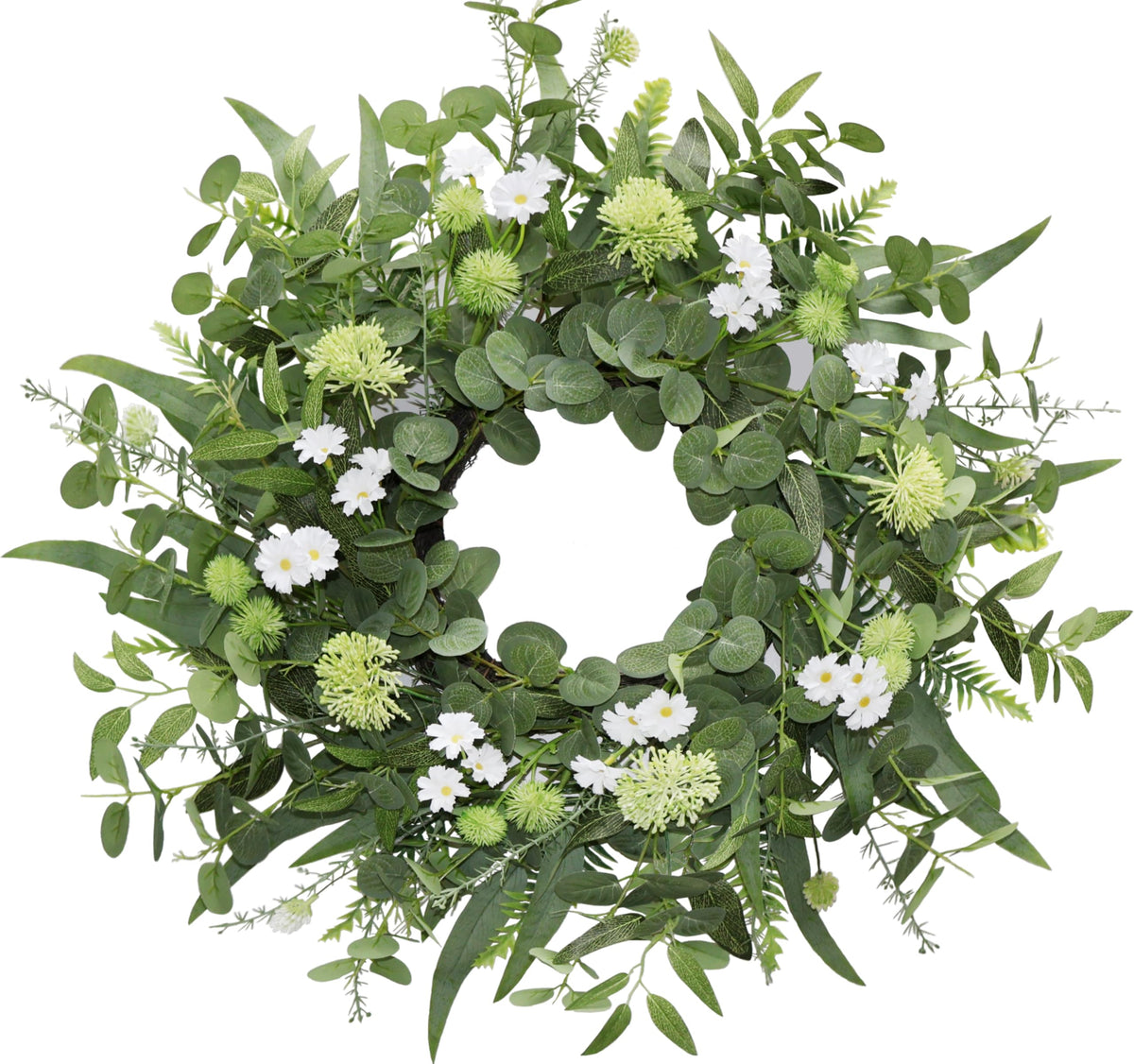 BINFEN green eucalyptus wreath on front door for year-round curb appeal.