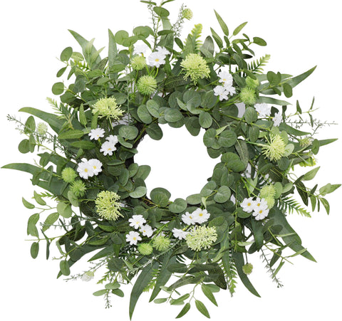 BINFEN green eucalyptus wreath on front door for year-round curb appeal.