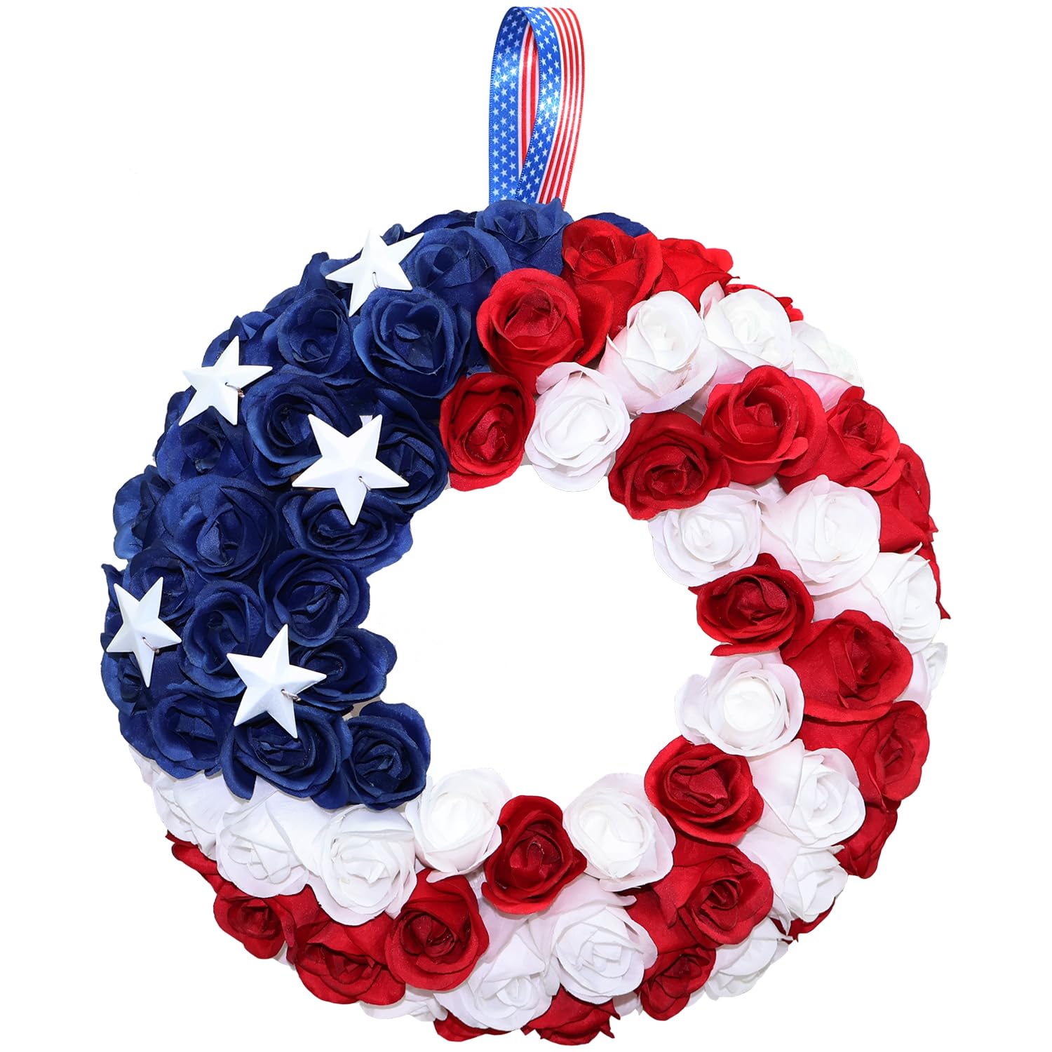 BINFEN silk roses 4th of July wreath bright red, white and blue for the front door
