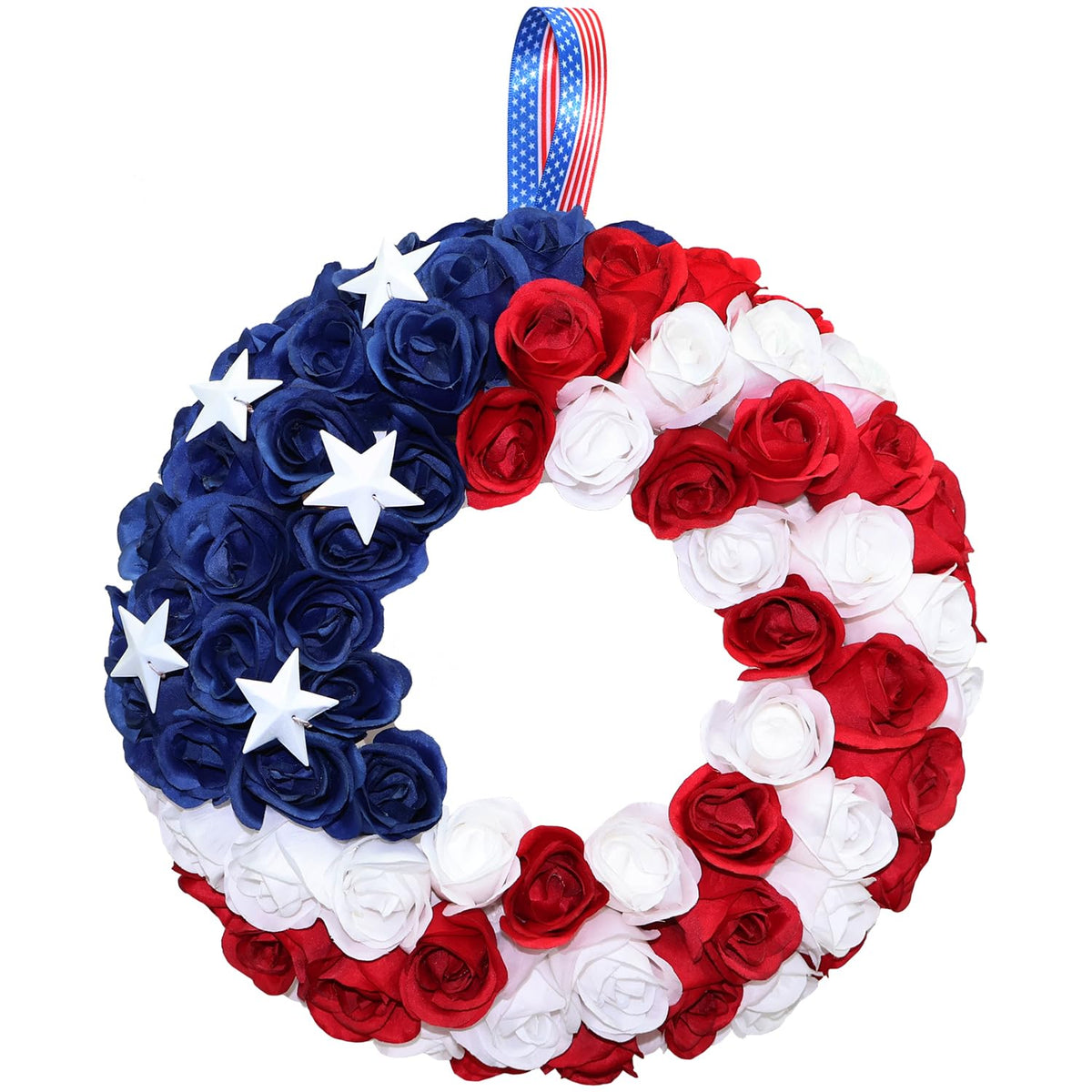 BINFEN silk roses 4th of July wreath bright red, white and blue for the front door